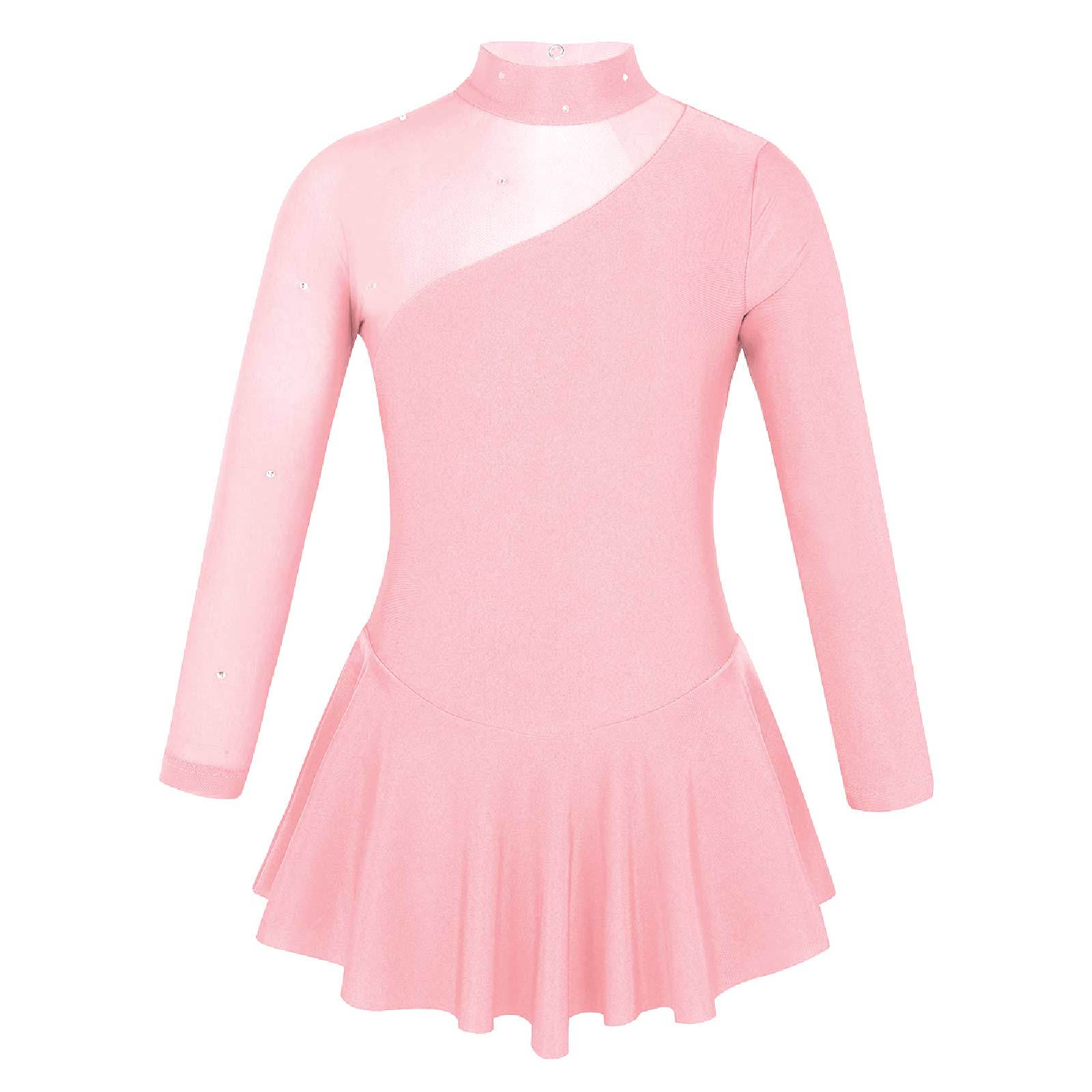IEFiEL Meisjes balletjurk met lange mouwen, uitsparing aan de achterkant, kunstschaatsjurk, balletpak, jersey turnpakje, danskleding 9-10 Years roze