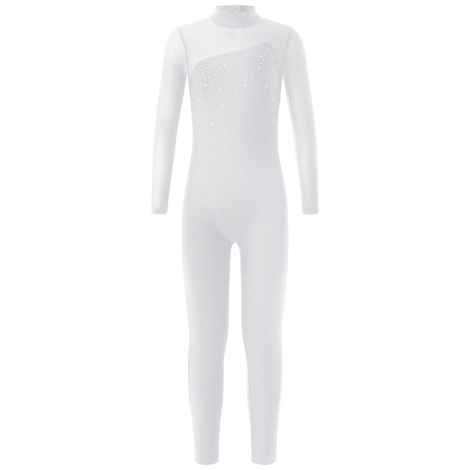 Inlzdz Meisjes glanzende schaatsbody met holle rug en strass-versiering voor wedstrijdkleding 7-8 Years wit