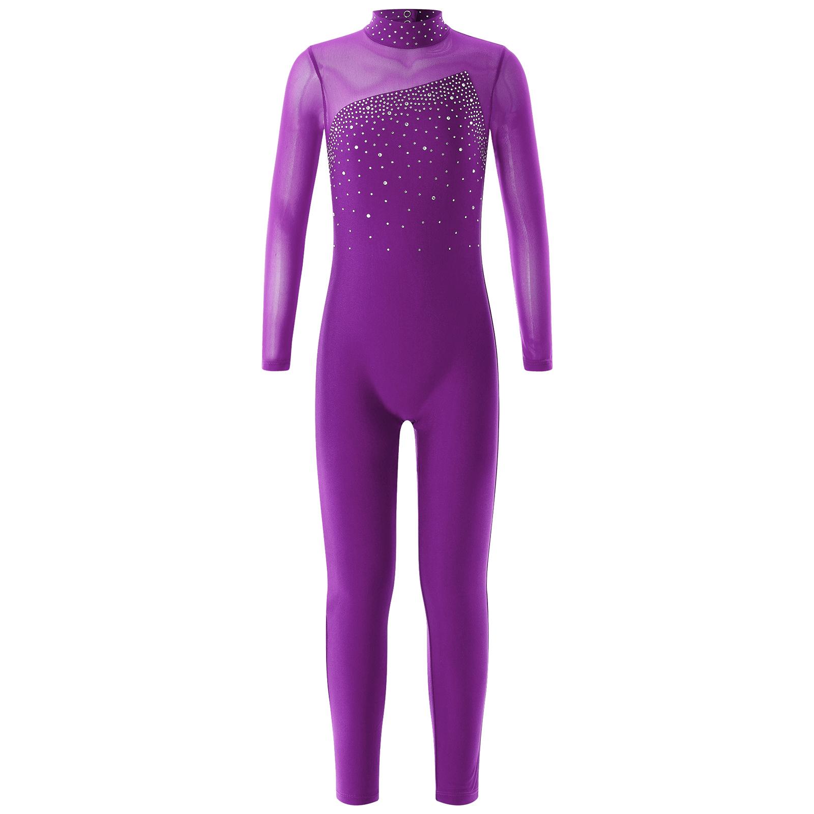 Inlzdz Meisjes glanzende schaatsbody met holle rug en strass-versiering voor wedstrijdkleding 7-8 Years paars
