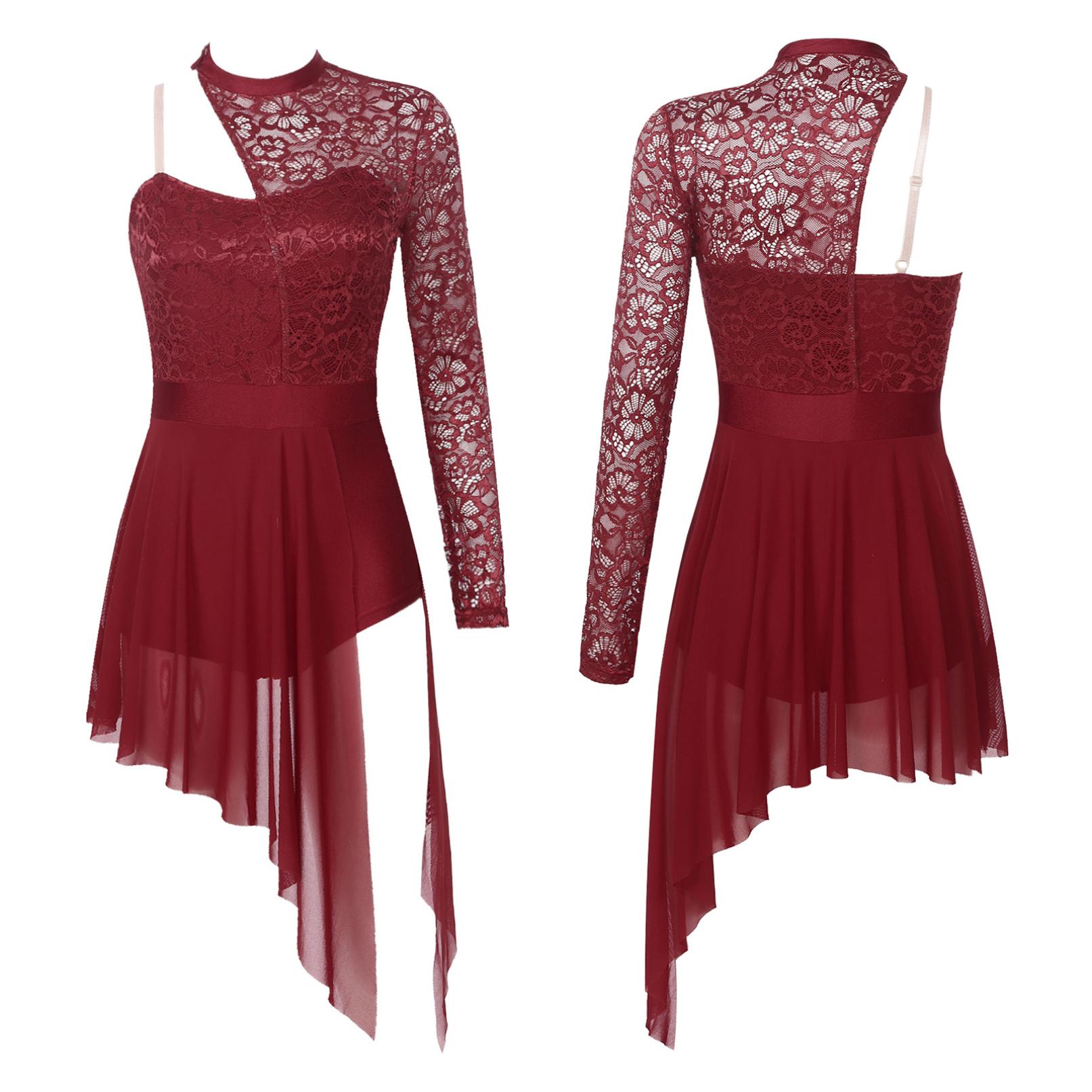 YONGHS Dames lyrische moderne dansjurk kunstschaatskostuum één schouder split doorzichtige mesh asymmetrische zoom dansjurken M bordeaux