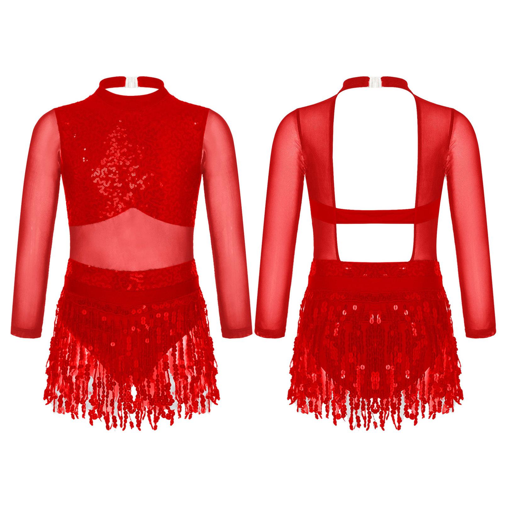 Inhzoy Kinderen Meisjes Pailletten Kwastje Latin Dans Kostuum Lange Mouw Holle Rug Lyrische Jazz Gymnastiek Ballet Outfits 11-12 Years rood