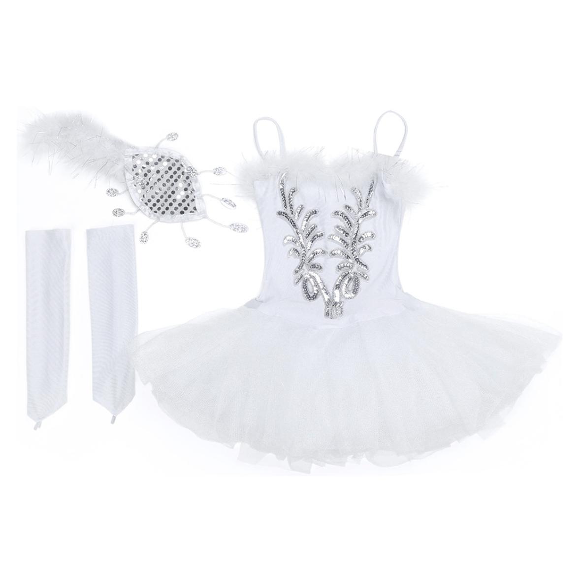 IEFiEL Kinderen meisjes pailletten kralen bloem ballerina danskostuums ballet tutu jurk met lange handschoenen en haarclip set 7-8 Years wit