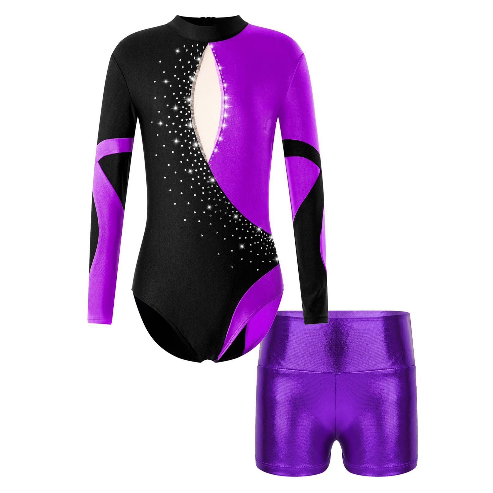 Tiaobug Kinderen meisjes lange mouw open rug glanzende diamanten versierd patchwork turnpakje met hoge taille shorts voor dansgymnastieksporten 7-8 Years paars