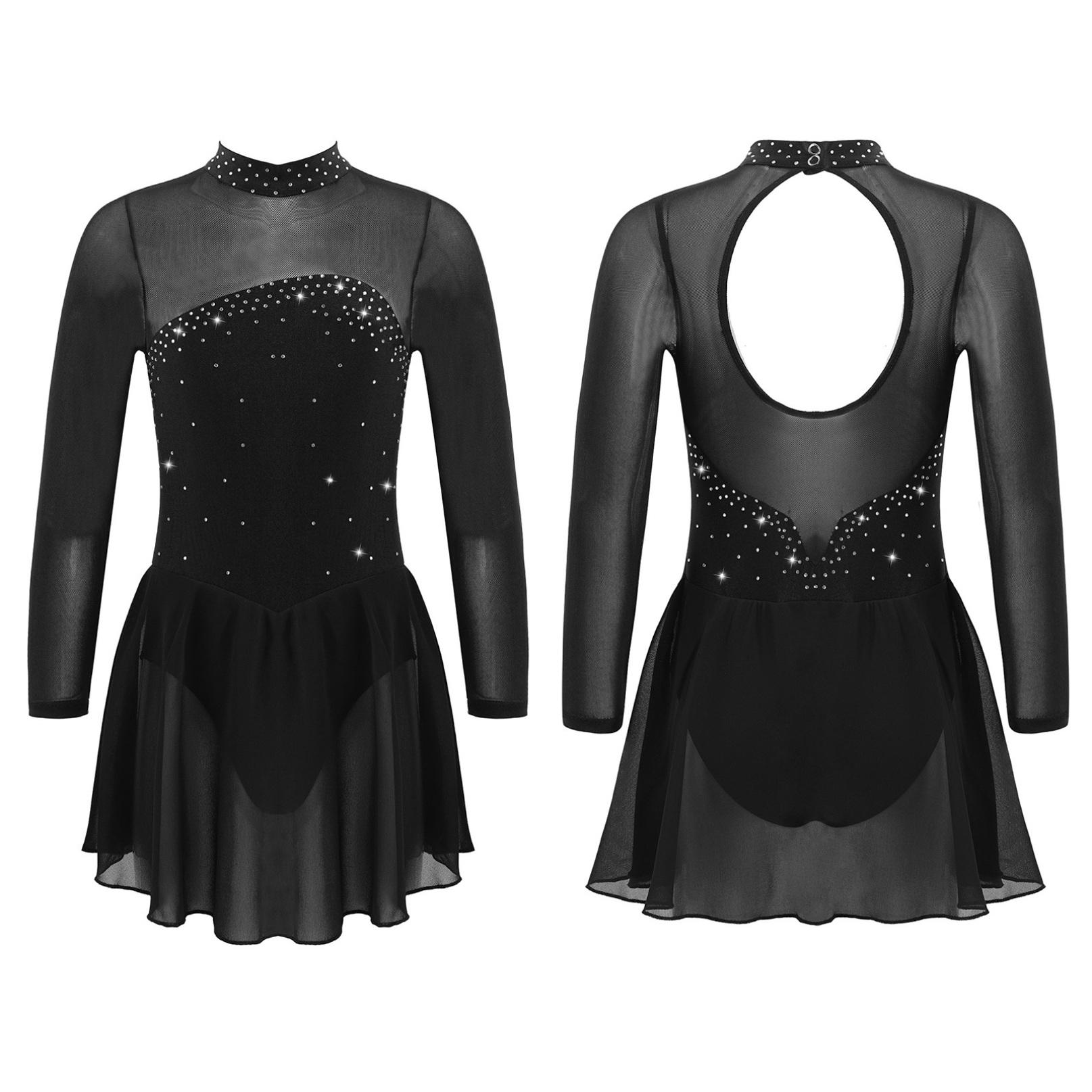 Inhzoy Kinderen Meisjes Kunstschaatsen Dans Jurk Lange Mouw Glanzende Strass Mesh Ballet Gymnastiek Turnpakje Jurken Competitie Danskleding 15-16 Years