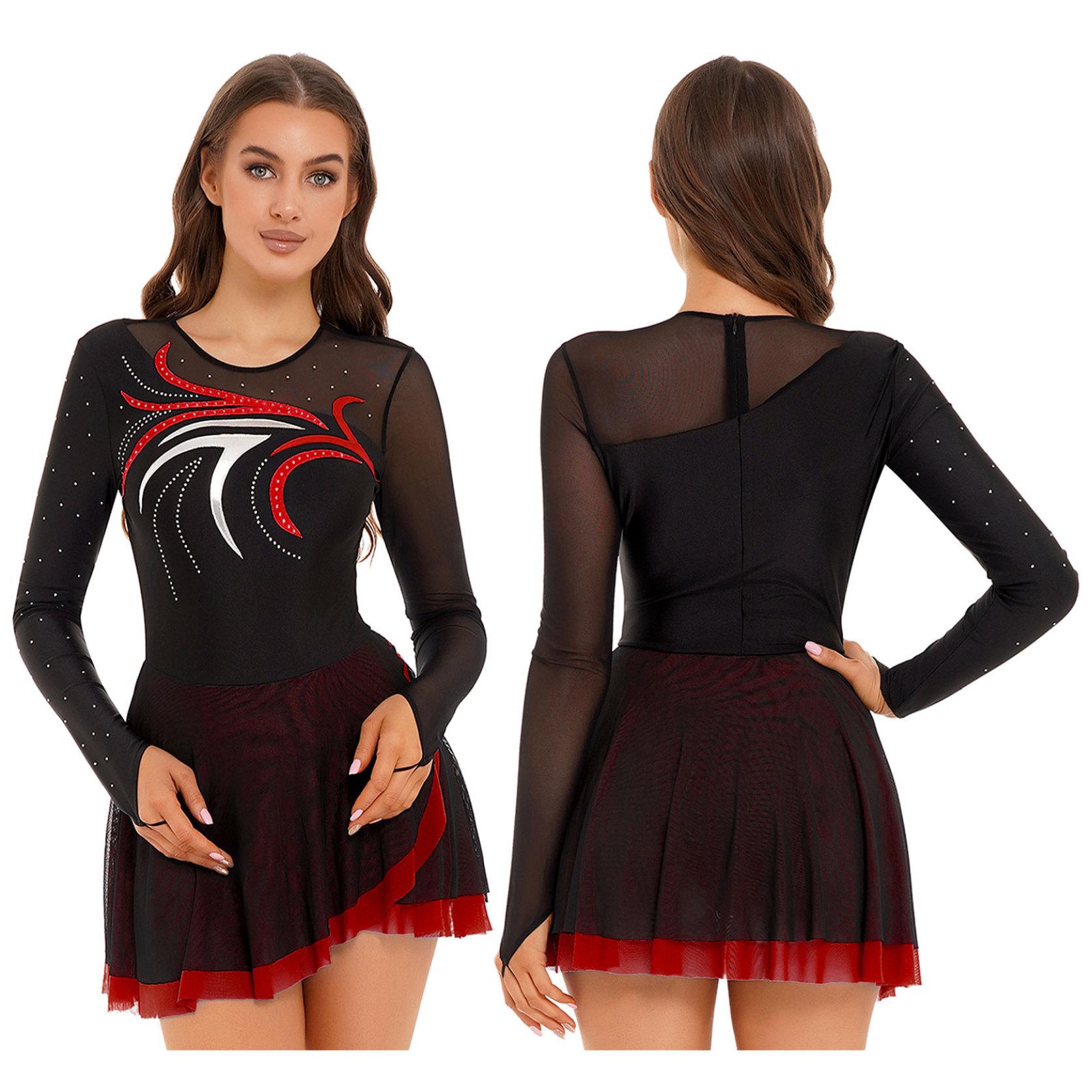 IEFiEL Womens kunstschaatsjurk lyrische dansvoorstelling kostuum lange mouw glitter strass mesh ballet gymnastiek tutu jurk M rood