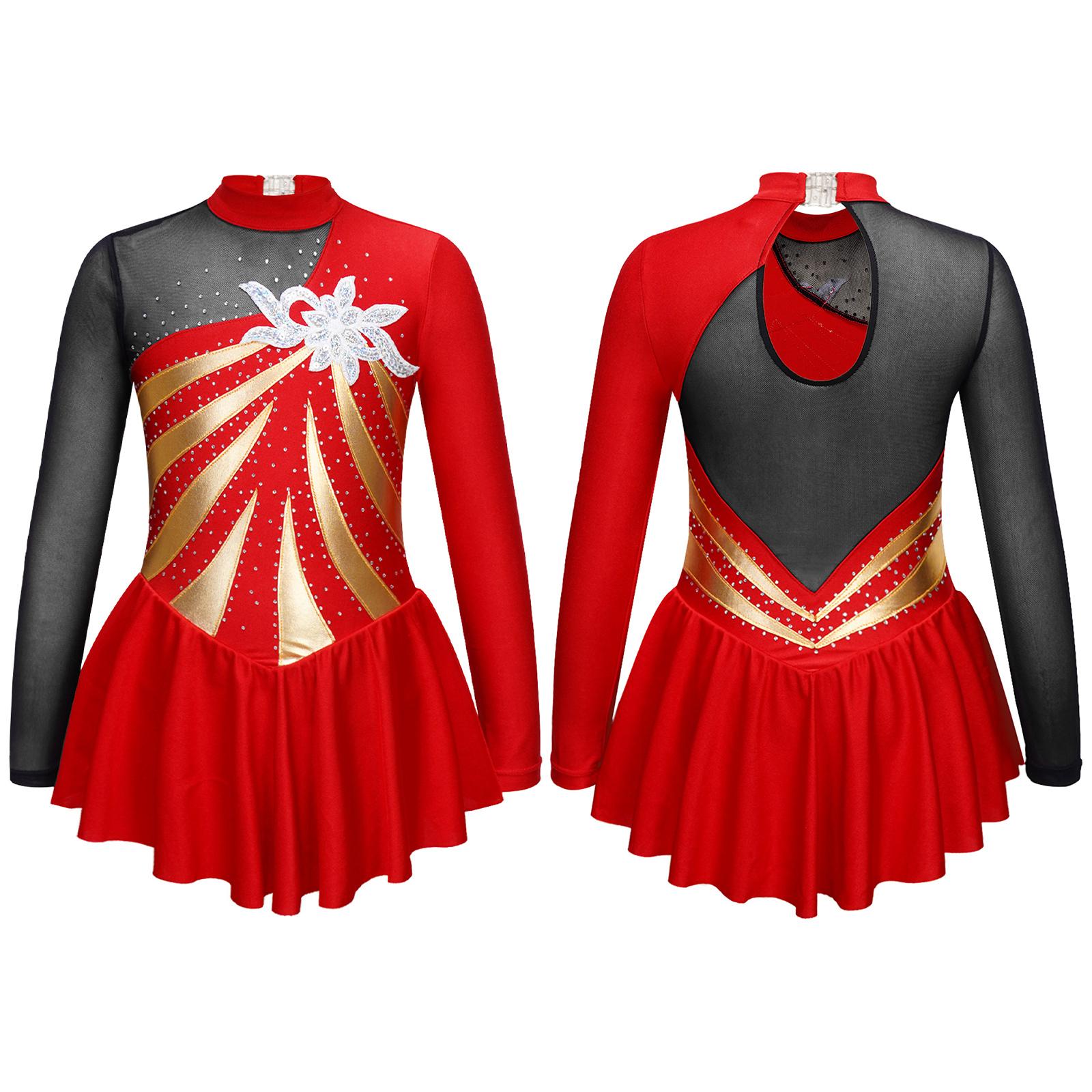 Aislor Kinderen Meisjes Schaatsjurk Lange Mouw Glanzende Strass Decor Gymnastiek Dans Leotard Jurk 5-6 Years rood