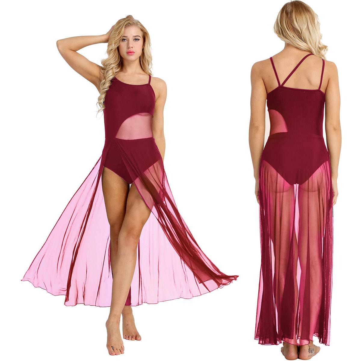 Tiaobug Vrouwen Spaghetti Band Mesh Asymmetrische Lyrische Ballet Dansjurk Ballerina Kleding Gymnastiek Leotard Danskleding XS wijnrode kleur