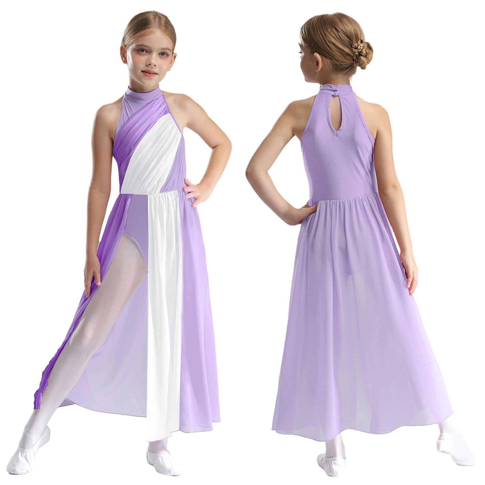 Inhzoy Meisjes Mouwloze Color Block Splice Jurk voor Moderne Lyrische Ballroom Hedendaagse Danskleding Prestatie Ballerina Kostuum 9-10 Years lichtpaarse kleur