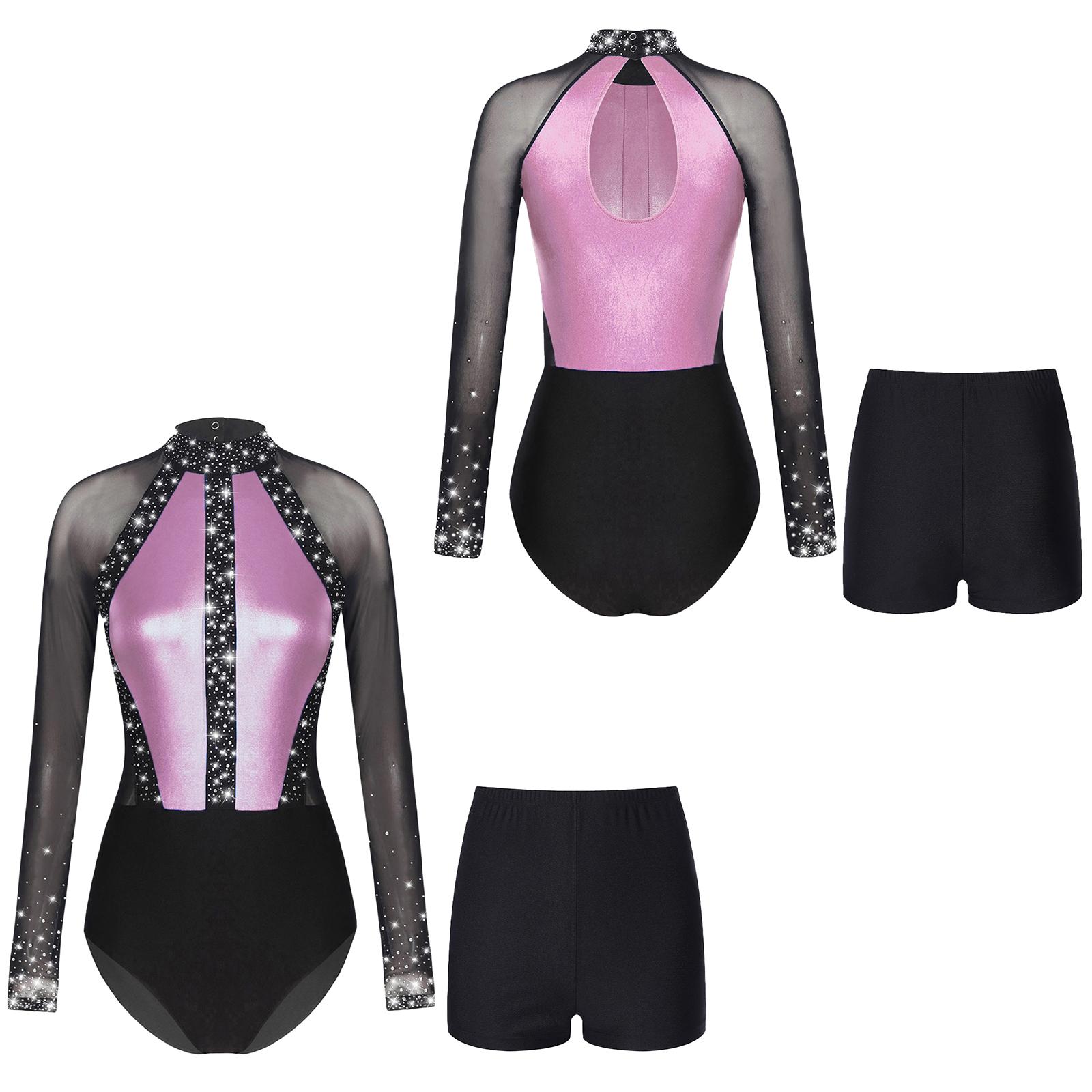 Aislor Dames mesh lange mouwen gymnastiek bodysuit met strass steentjes ballet dans turnpakje kleurblok schaats jumpsuit shorts danskleding sets S roze