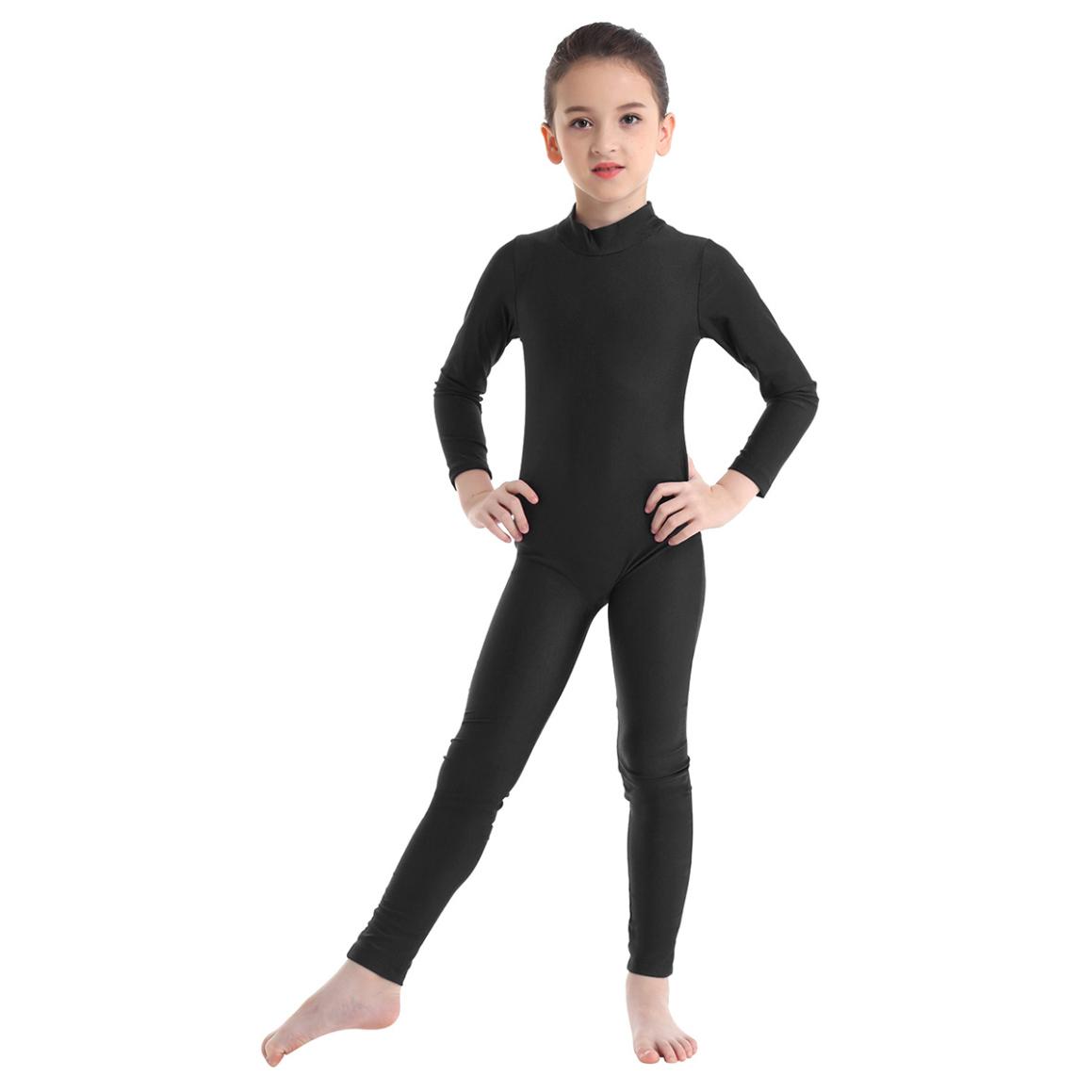 IEFiEL Kindermeisjes dansgymnastiek turnpakje met lange mouwen Unitard volledige lengte bodysuit Catsuit danskleding kostuums 7-8 Years zwart