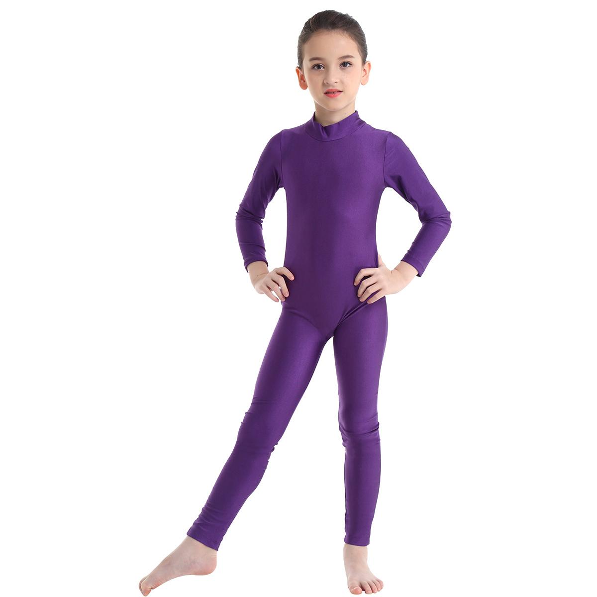 IEFiEL Kindermeisjes dansgymnastiek turnpakje met lange mouwen Unitard volledige lengte bodysuit Catsuit danskleding kostuums 7-8 Years paars