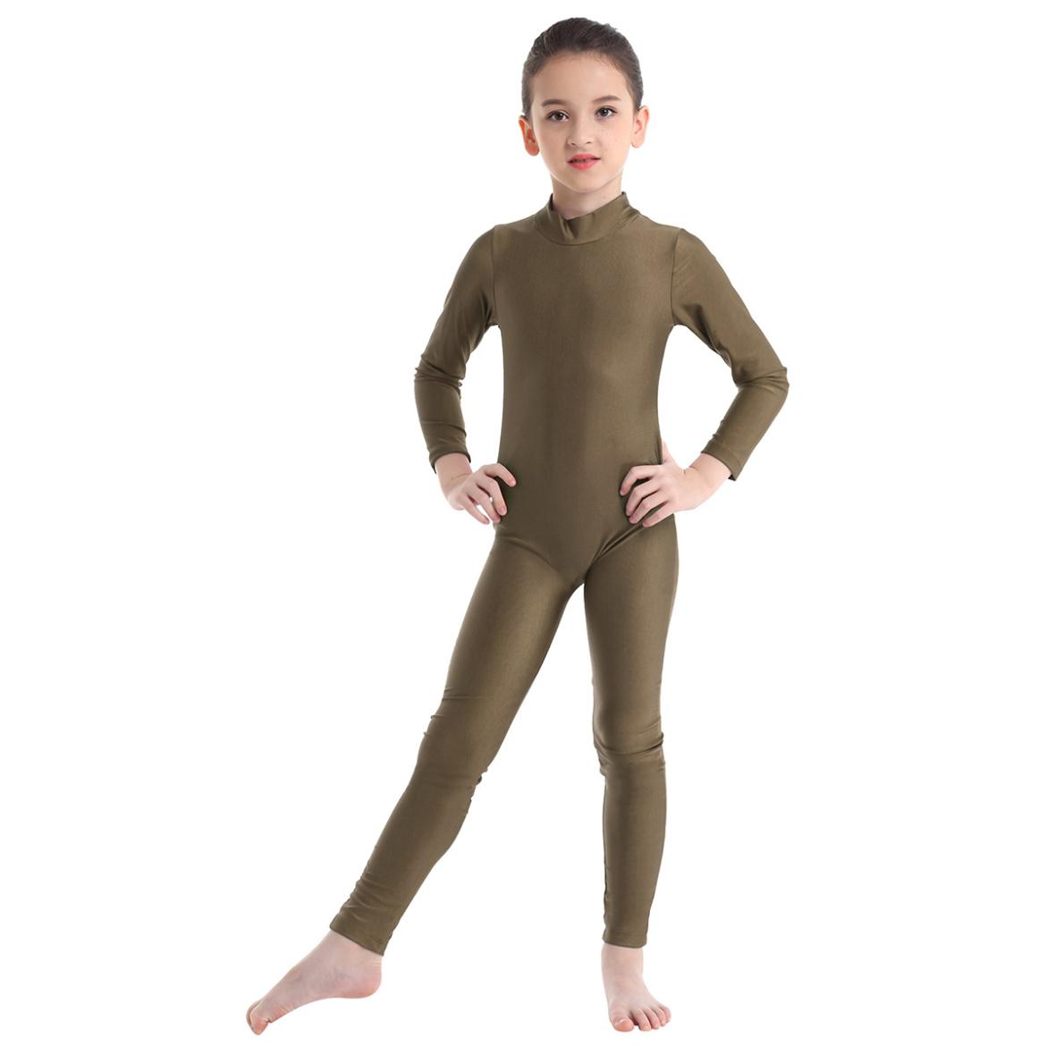 IEFiEL Kindermeisjes dansgymnastiek turnpakje met lange mouwen Unitard volledige lengte bodysuit Catsuit danskleding kostuums 7-8 Years bruin
