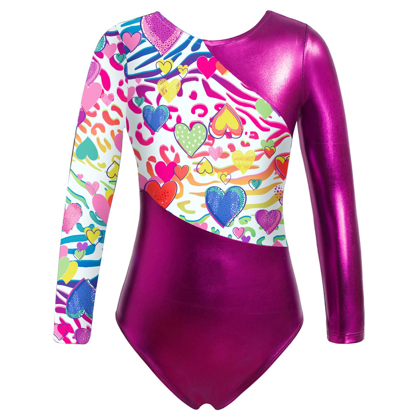 Inlzdz Gymnastiek Leotards voor Meisjes Glinsterende Danskleding Lange Mouwen Bedrukte Jumpsuit Yoga Ballet Dans Kleding 3-4 Years rozerode kleur
