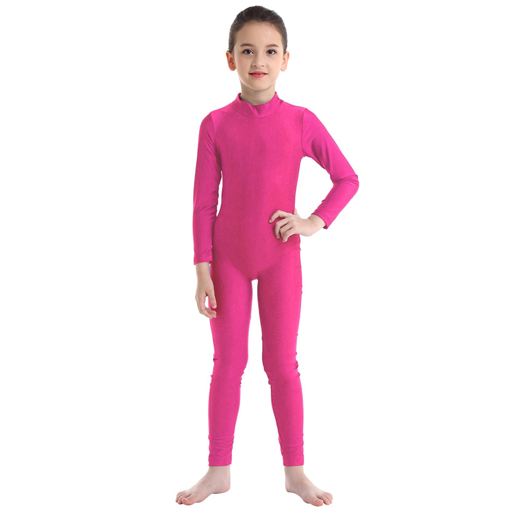 IEFiEL Kindermeisjes dansgymnastiek turnpakje met lange mouwen Unitard volledige lengte bodysuit Catsuit danskleding kostuums 5-6 Years helder roze