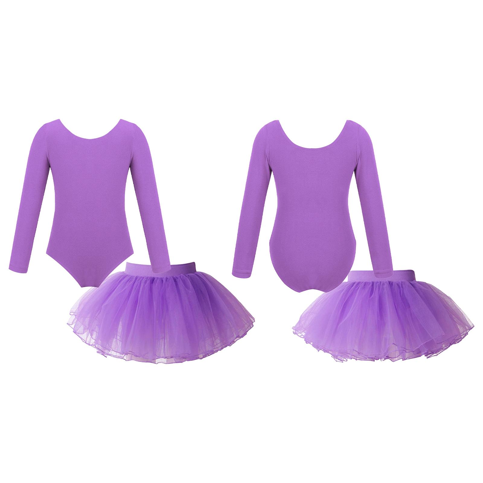 RUNQHUI Kinderen meisjes stijlvolle balletdanskleding set maillots met lange mouwen en elastische tailleband Tutu rok 5-6 Years lavendel
