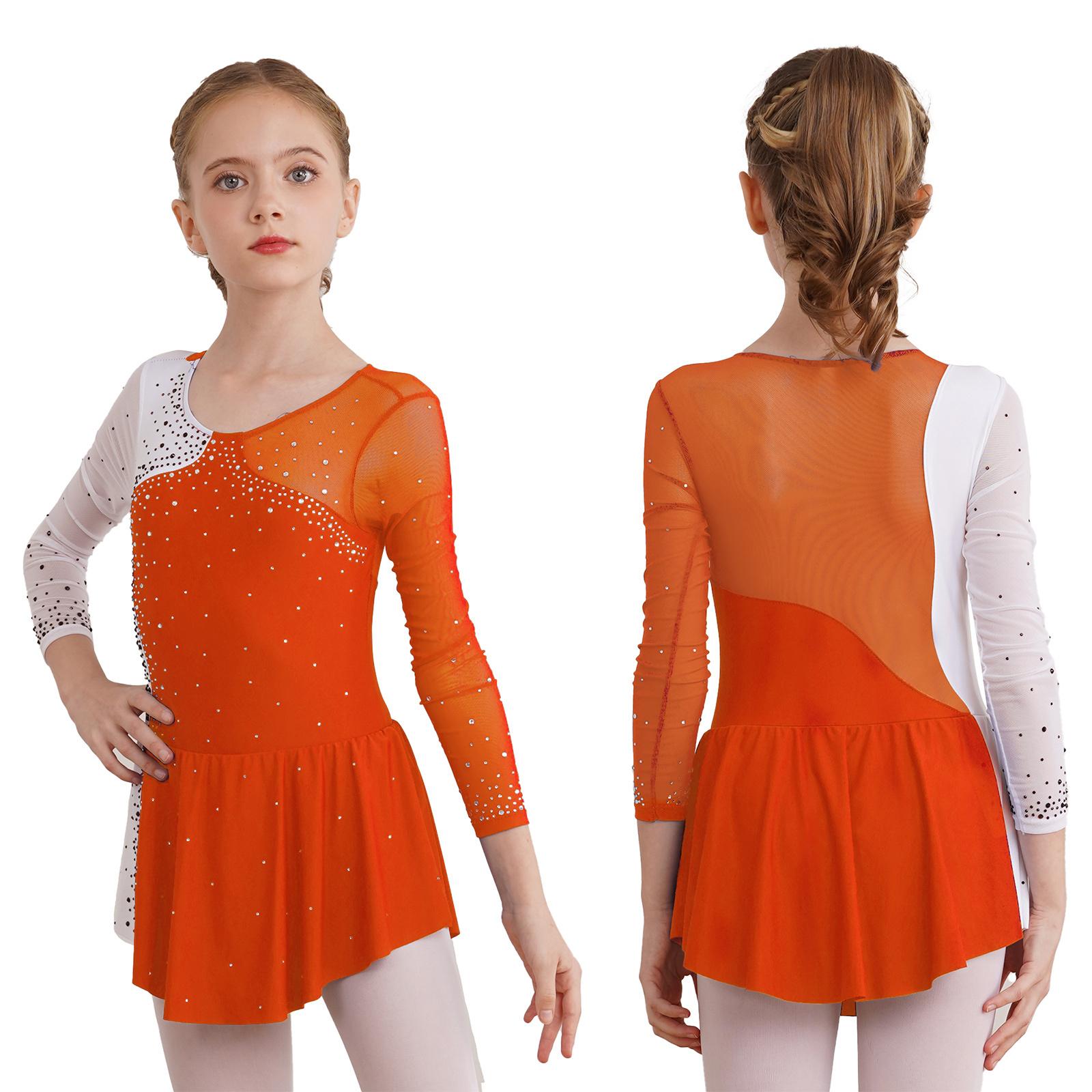 Ranrann Fancy Meisjes Schaatsen Turnpakje Jurk Kinderen Lange Mouw Glanzende Strass Ballet Gymnastiek Dans Jurk Danskleding 5-6 Years oranje