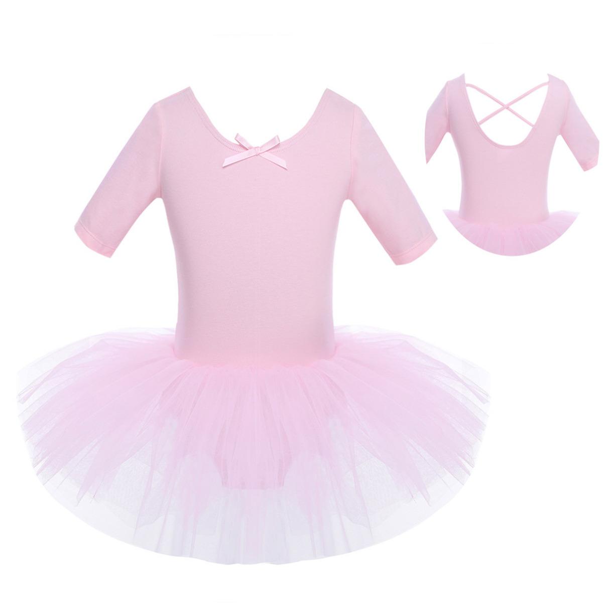 WinYing Kinderen meisjes korte mouw katoenen tule ballet dans turnpakje jurk 4-5 Years roze