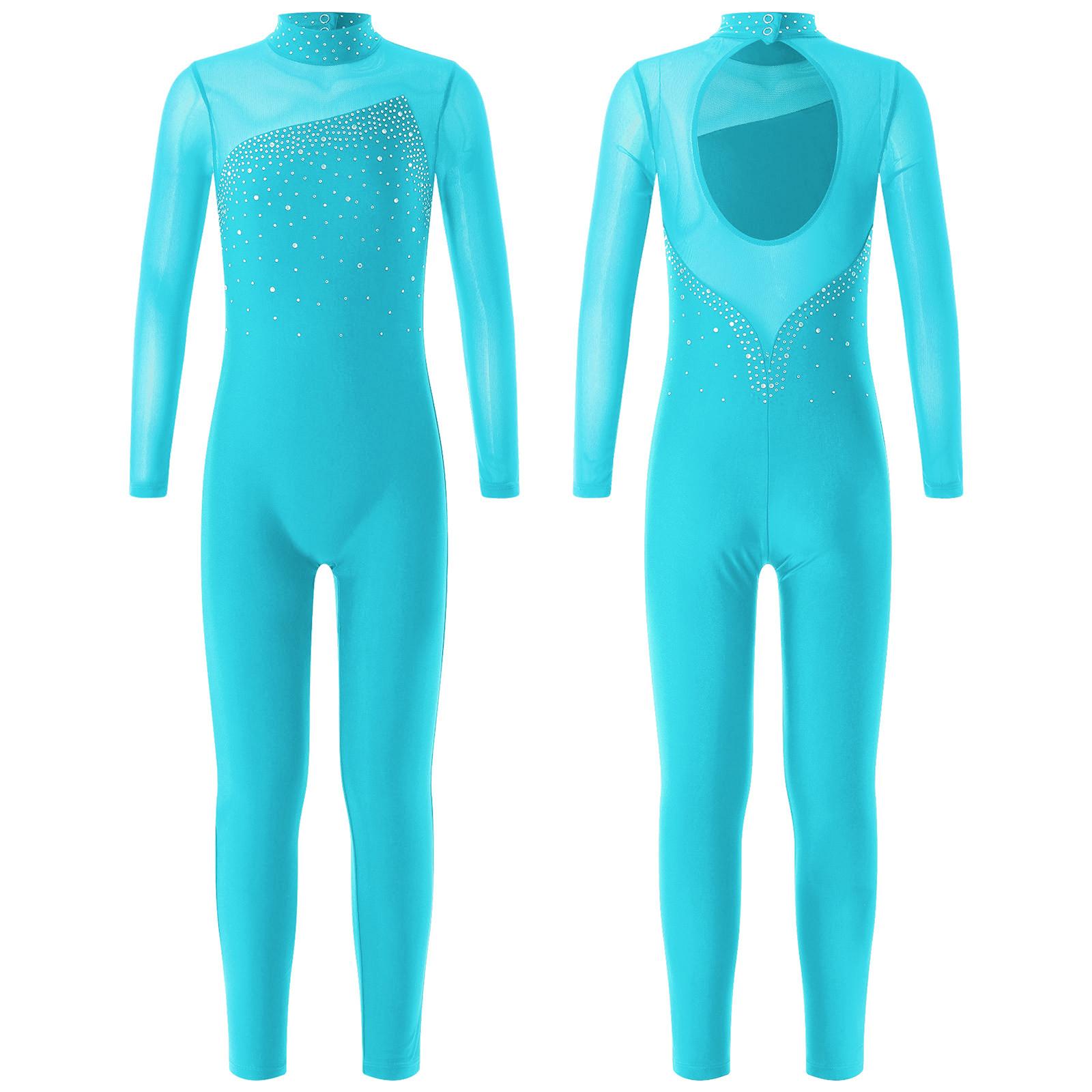 RUNQHUI Eéndelige kleding met lange mouwen en ronde kraag Maillots Jumpsuit Kinderen Meisjes Schaatsen Sportkleding 13-14 Years meer blauwe kleur