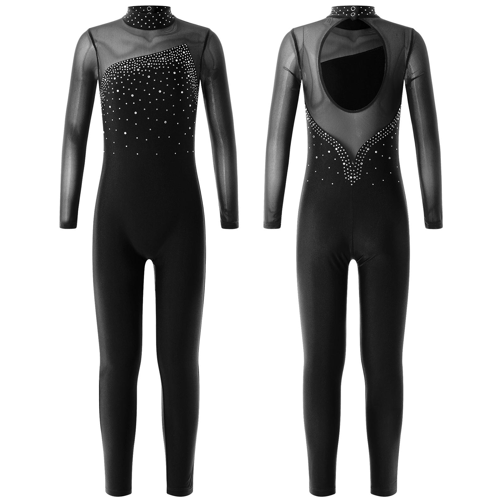 RUNQHUI Eéndelige kleding met lange mouwen en ronde kraag Maillots Jumpsuit Kinderen Meisjes Schaatsen Sportkleding 7-8 Years zwart