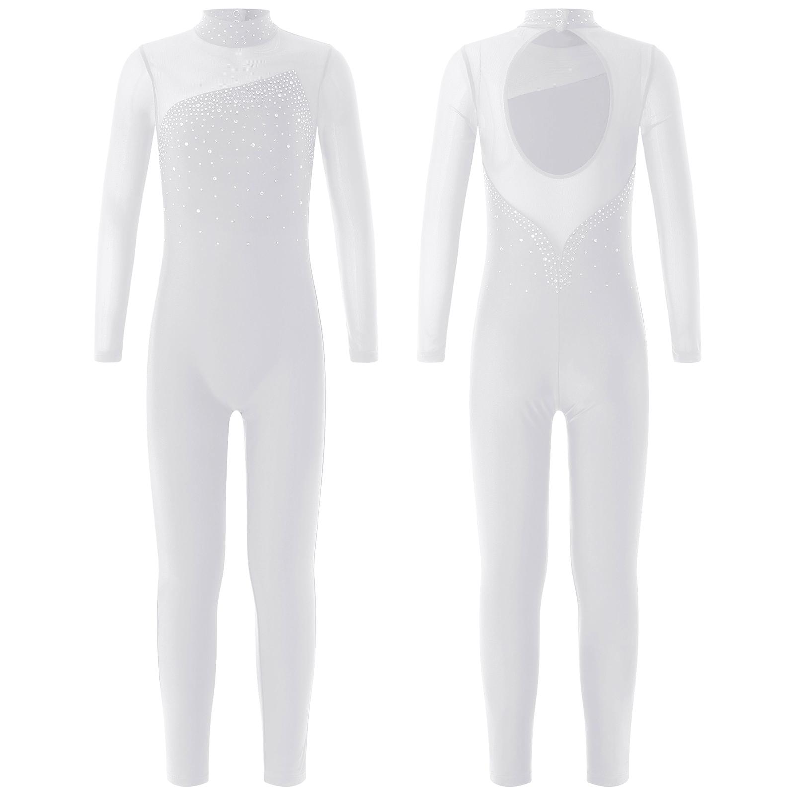 RUNQHUI Eéndelige kleding met lange mouwen en ronde kraag Maillots Jumpsuit Kinderen Meisjes Schaatsen Sportkleding 11-12 Years wit