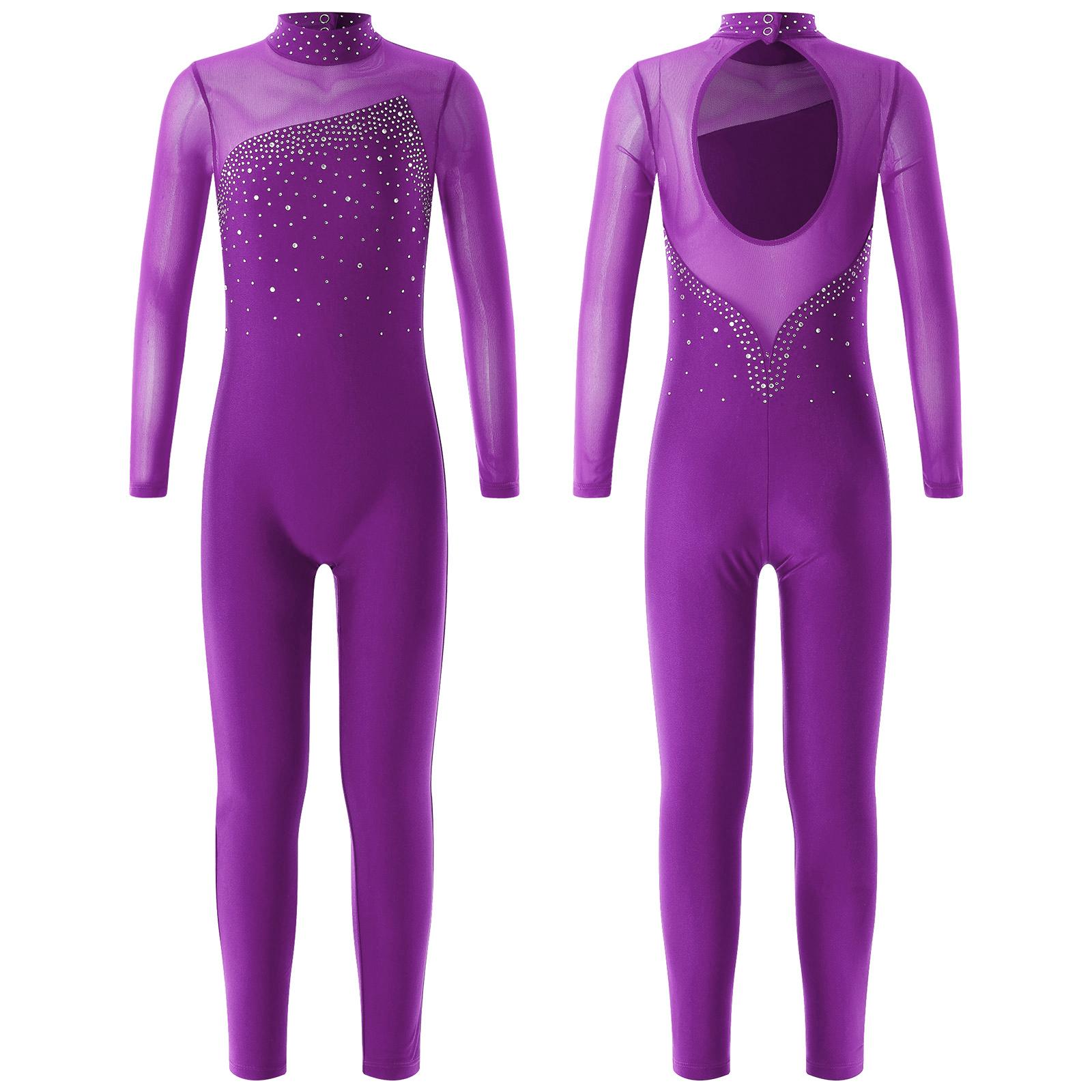 RUNQHUI Eéndelige kleding met lange mouwen en ronde kraag Maillots Jumpsuit Kinderen Meisjes Schaatsen Sportkleding 7-8 Years paars