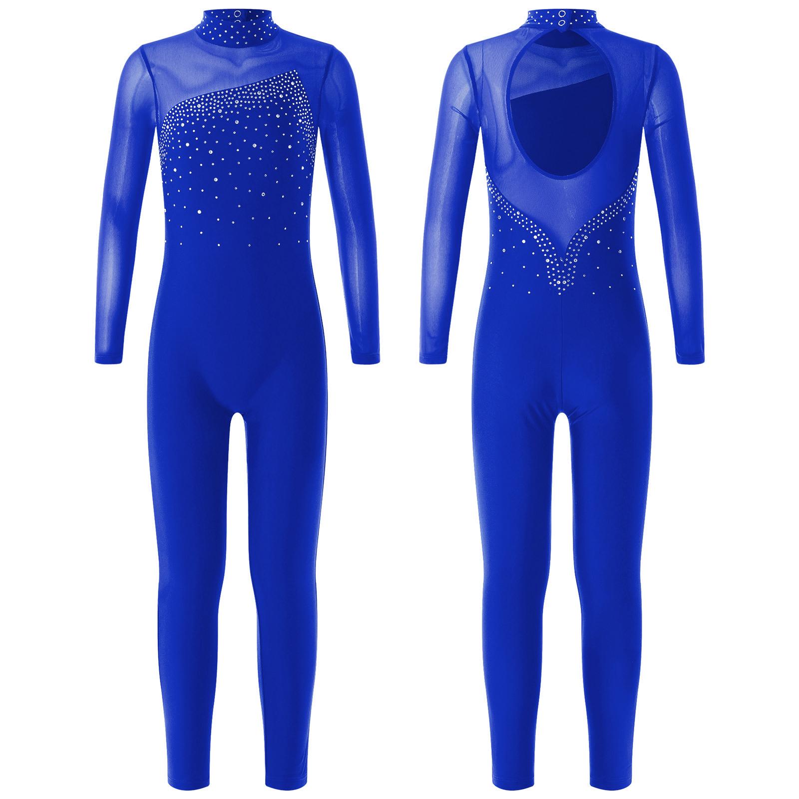 RUNQHUI Eéndelige kleding met lange mouwen en ronde kraag Maillots Jumpsuit Kinderen Meisjes Schaatsen Sportkleding 9-10 Years koningsblauwe kleur