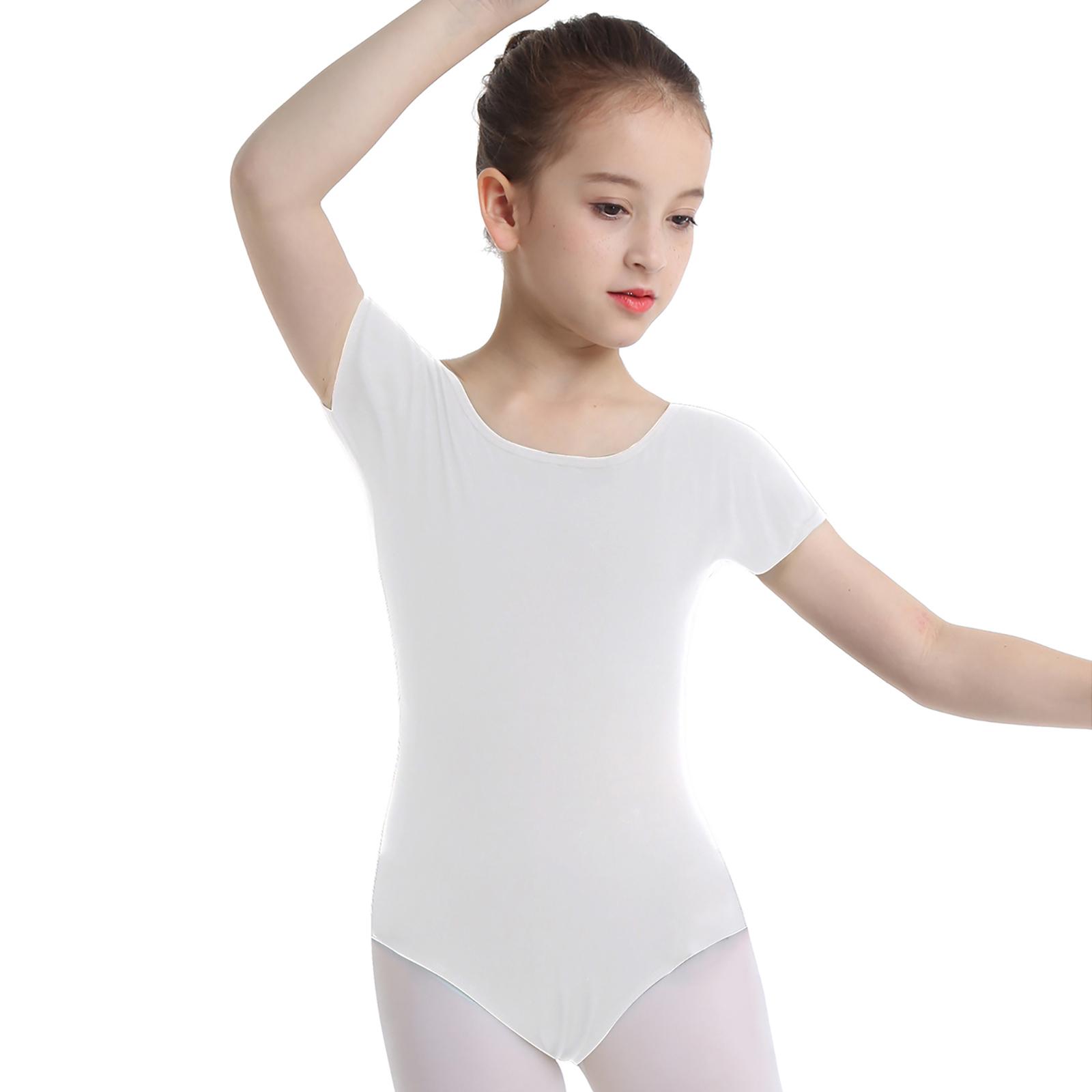 Fldy Meisjesteam Basic Turnpakje met korte mouwen Kinderen Ballet Dans Gymnastiek Maillots Danskleding Kostuum 9-10 Years wit