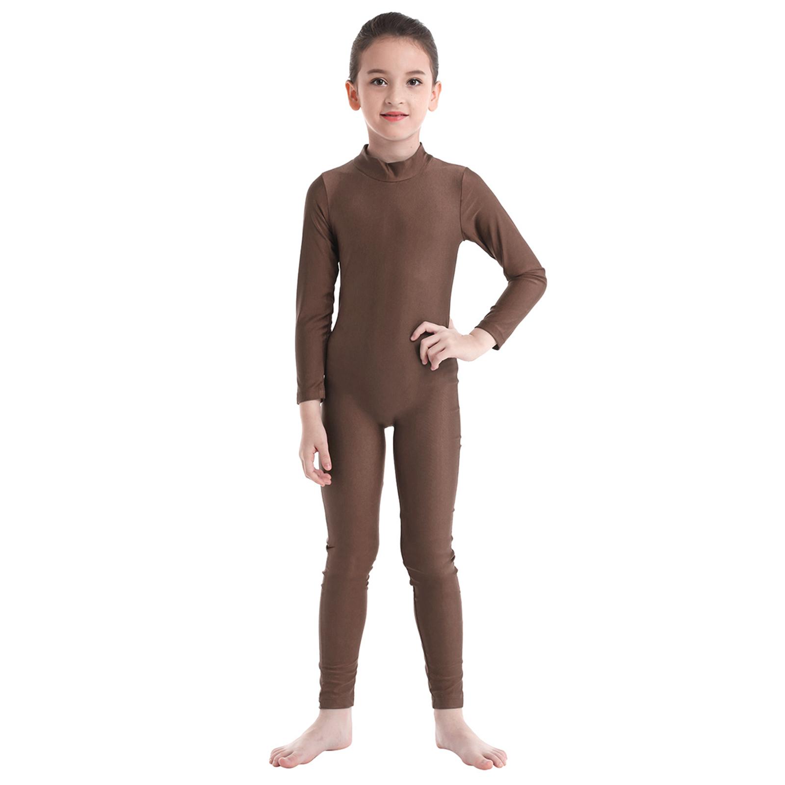 Sywiyi Kinderen Meisjes Lange Mouwen Turnpakje Volledige Lengte Jumpsuit Dansles Ballroom Gymnastiek Unitard 5-6 Years bruin