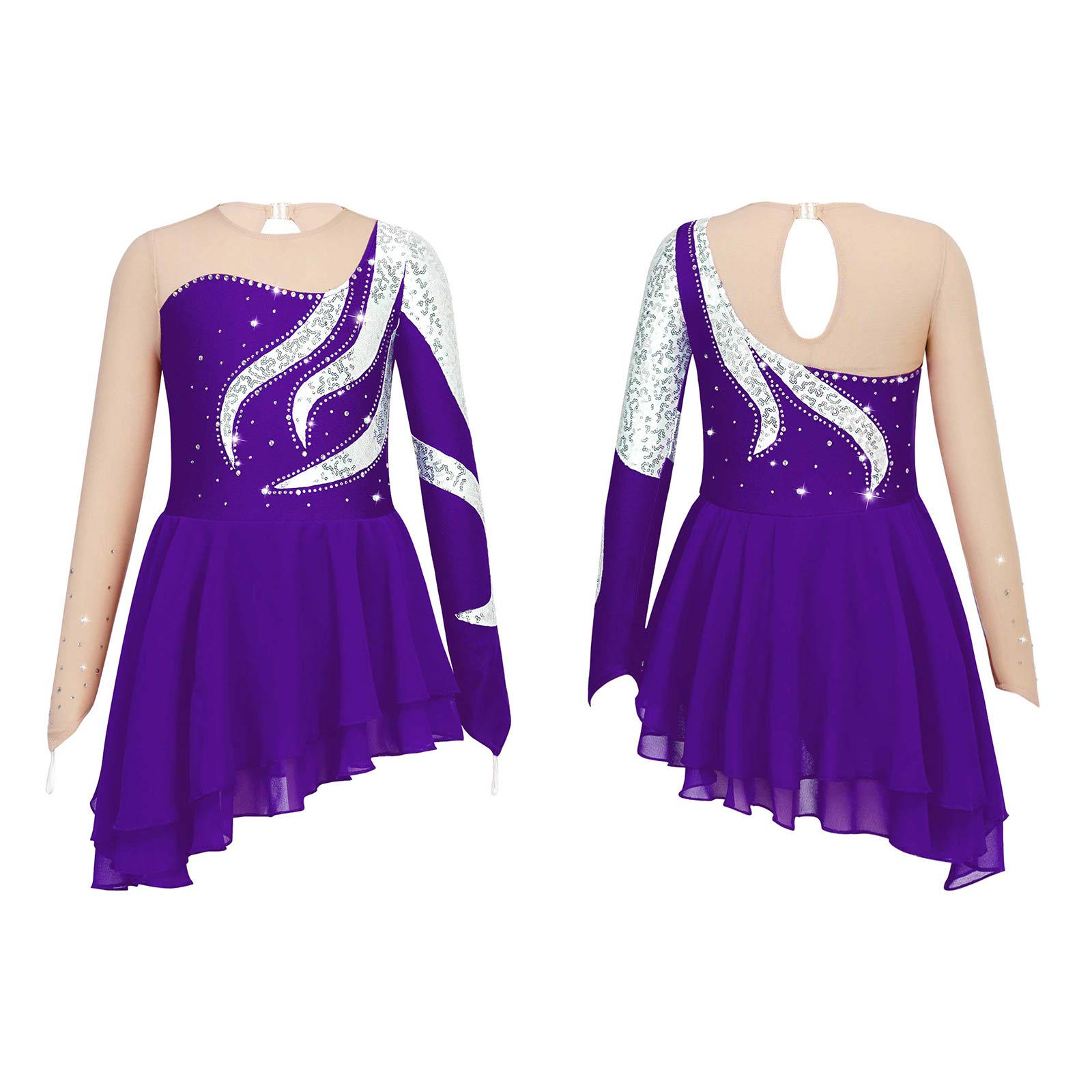 Inhzoy Meisjes lange mouwen glanzende pailletten ballet danskleding jurk kunstschaatsen jurk holle rug atletische gymnastiek leotard 11-12 Years paars