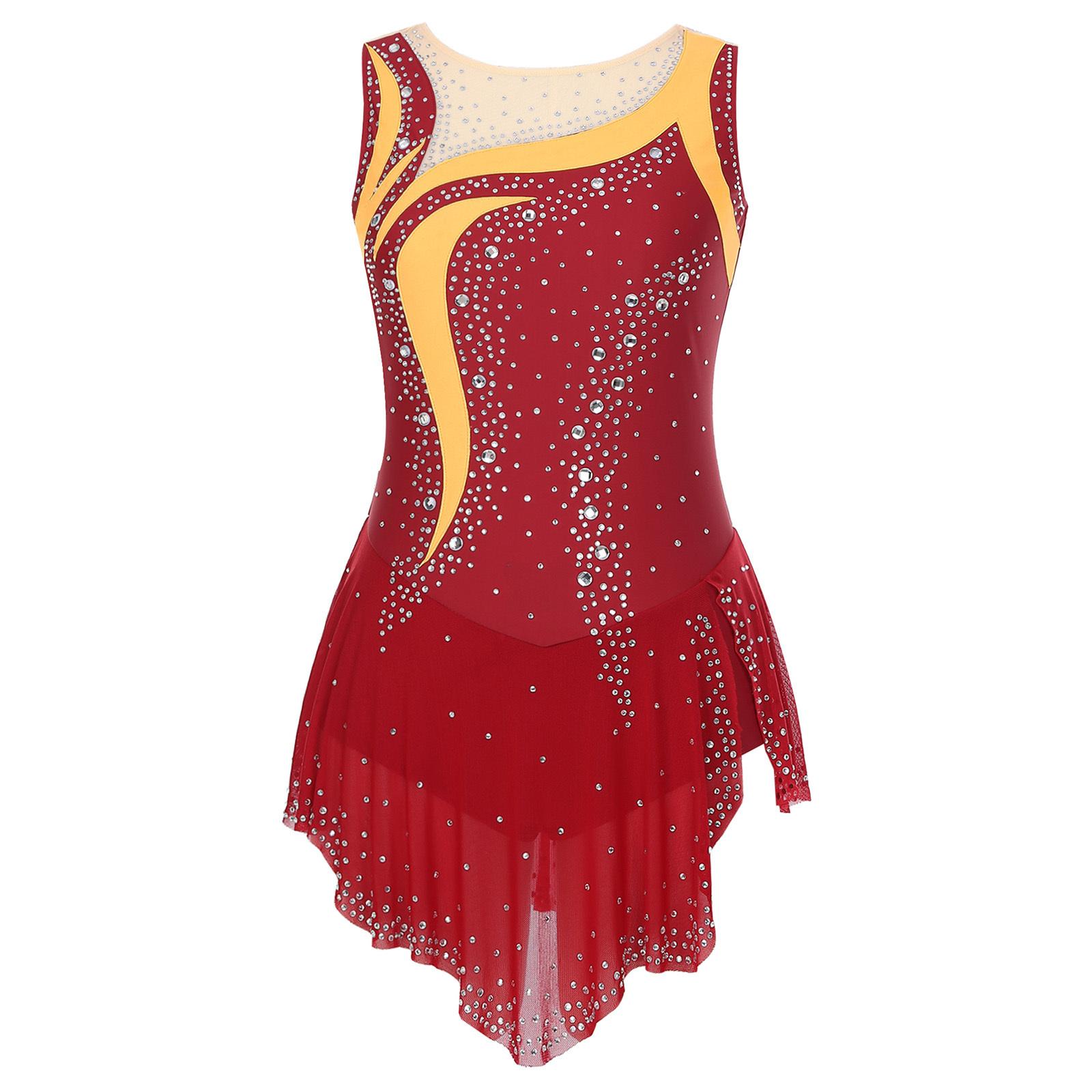 Inlzdz Dames Glanzende Strass Ritmische Dans Gymnastiek Leotard Mouwloos Rolschaatsen Danskostuum Ballet Lyrische Bodysuit Jurk S bordeaux