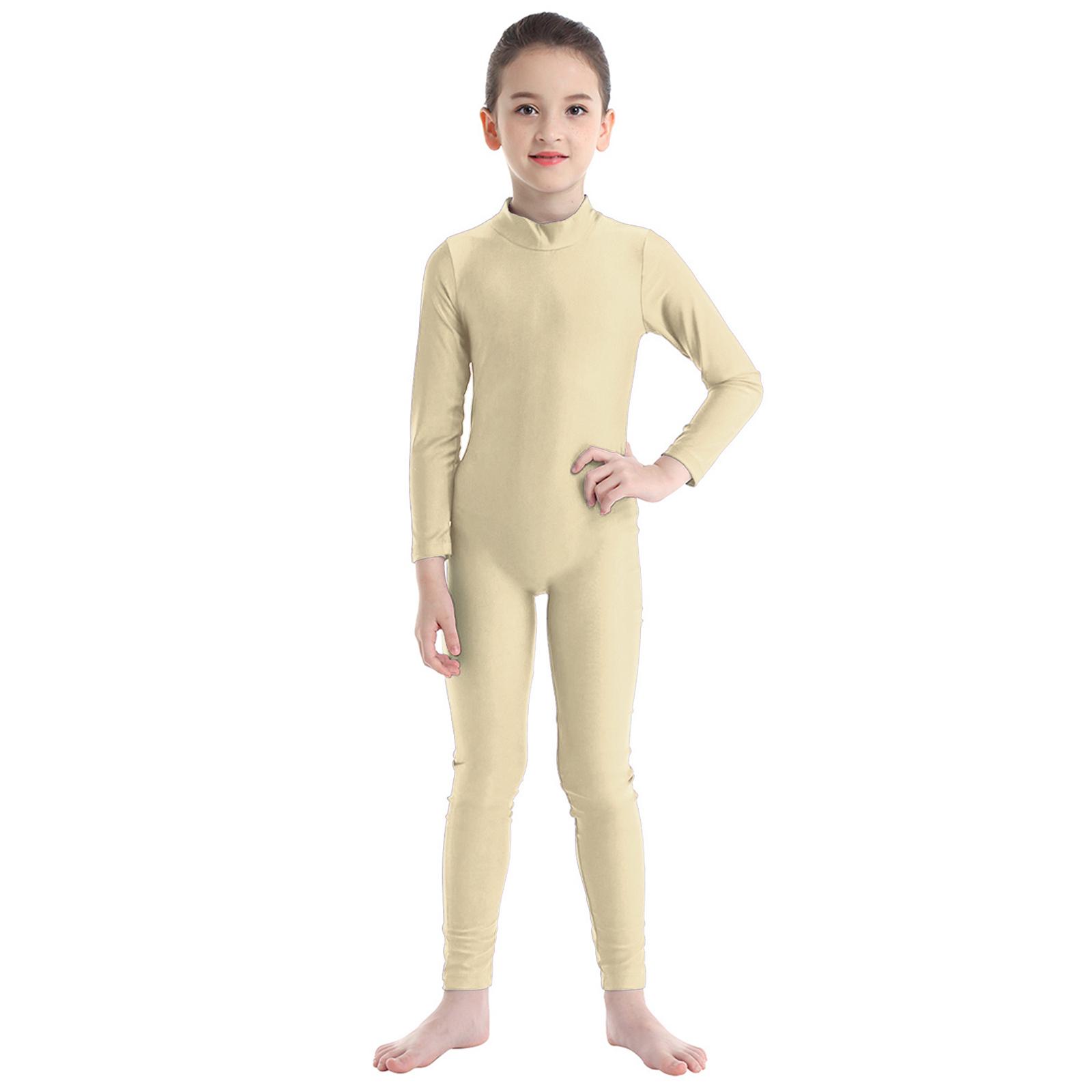 IEFiEL Kindermeisjes dansgymnastiek turnpakje met lange mouwen Unitard volledige lengte bodysuit Catsuit danskleding kostuums 5-6 Years beige