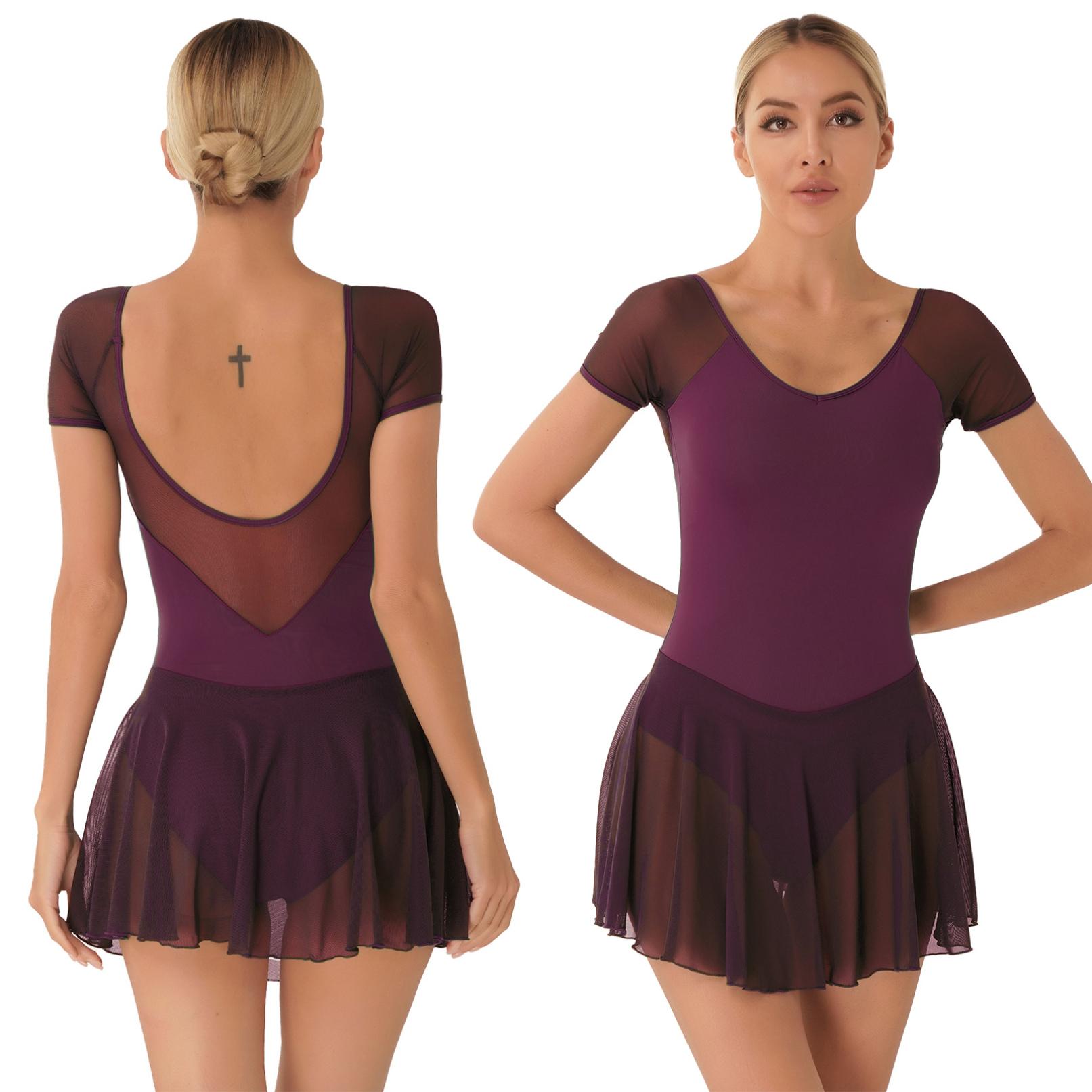 Ranrann Womens volwassen danstraining kostuum korte mouw backless jurk mesh patchwork ballet gymnastiek turnpakje jurken S