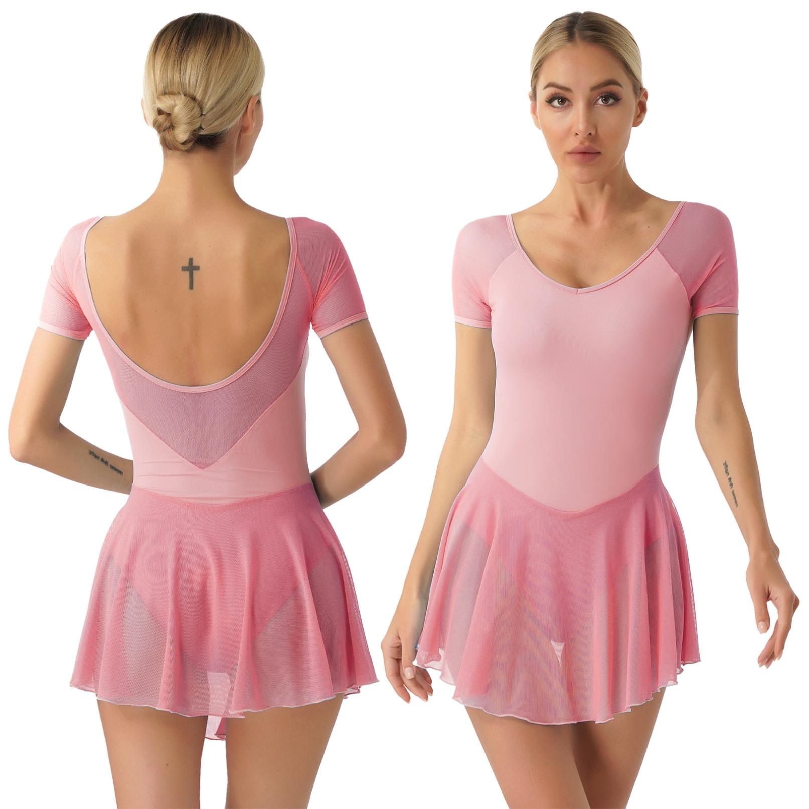 Ranrann Womens volwassen danstraining kostuum korte mouw backless jurk mesh patchwork ballet gymnastiek turnpakje jurken