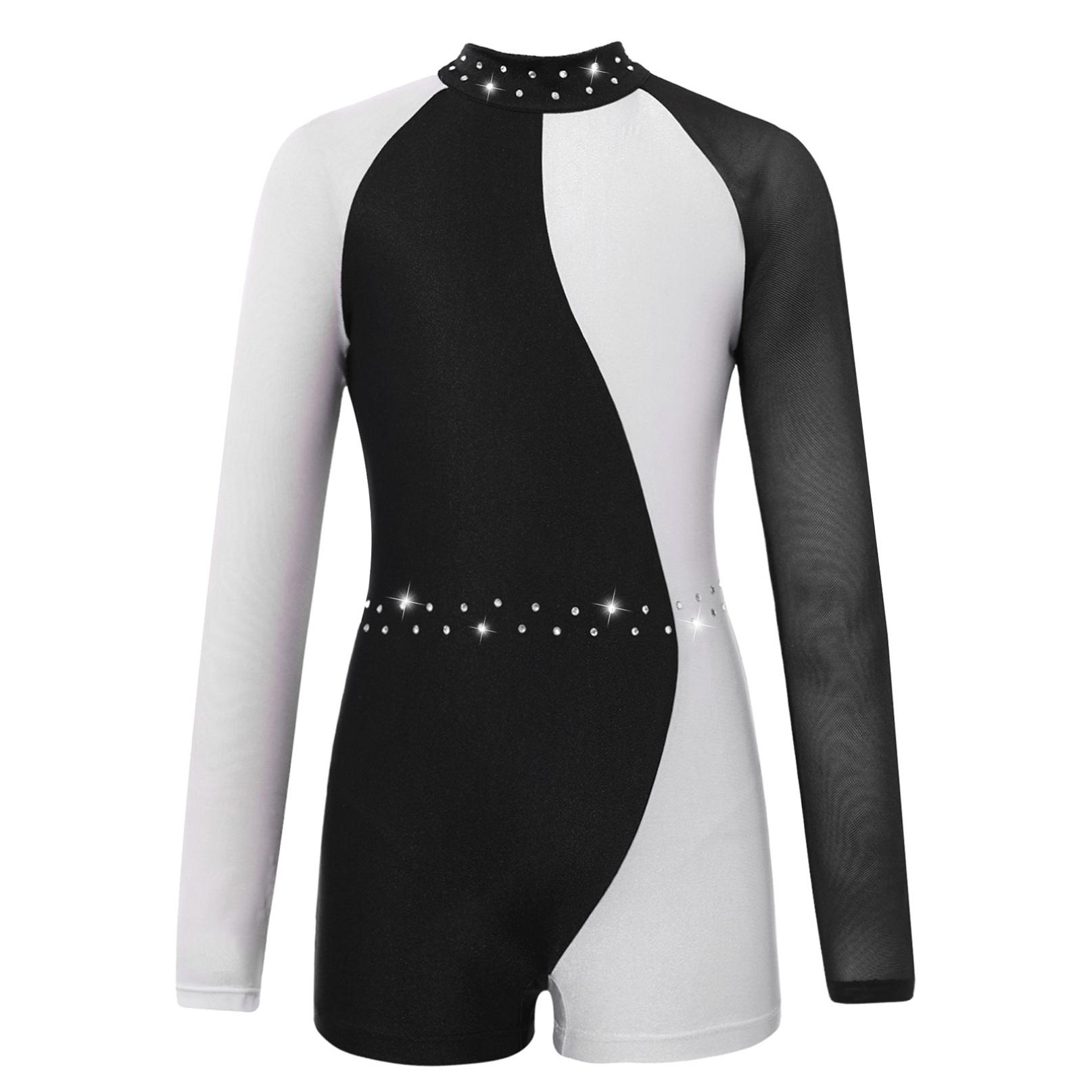 Inhzoy Maillots voor meisjes gymnastiek kinderen lange mouw rits terug Biketard Unitard jumpsuit met shorts 11-12 Years wit/zwart
