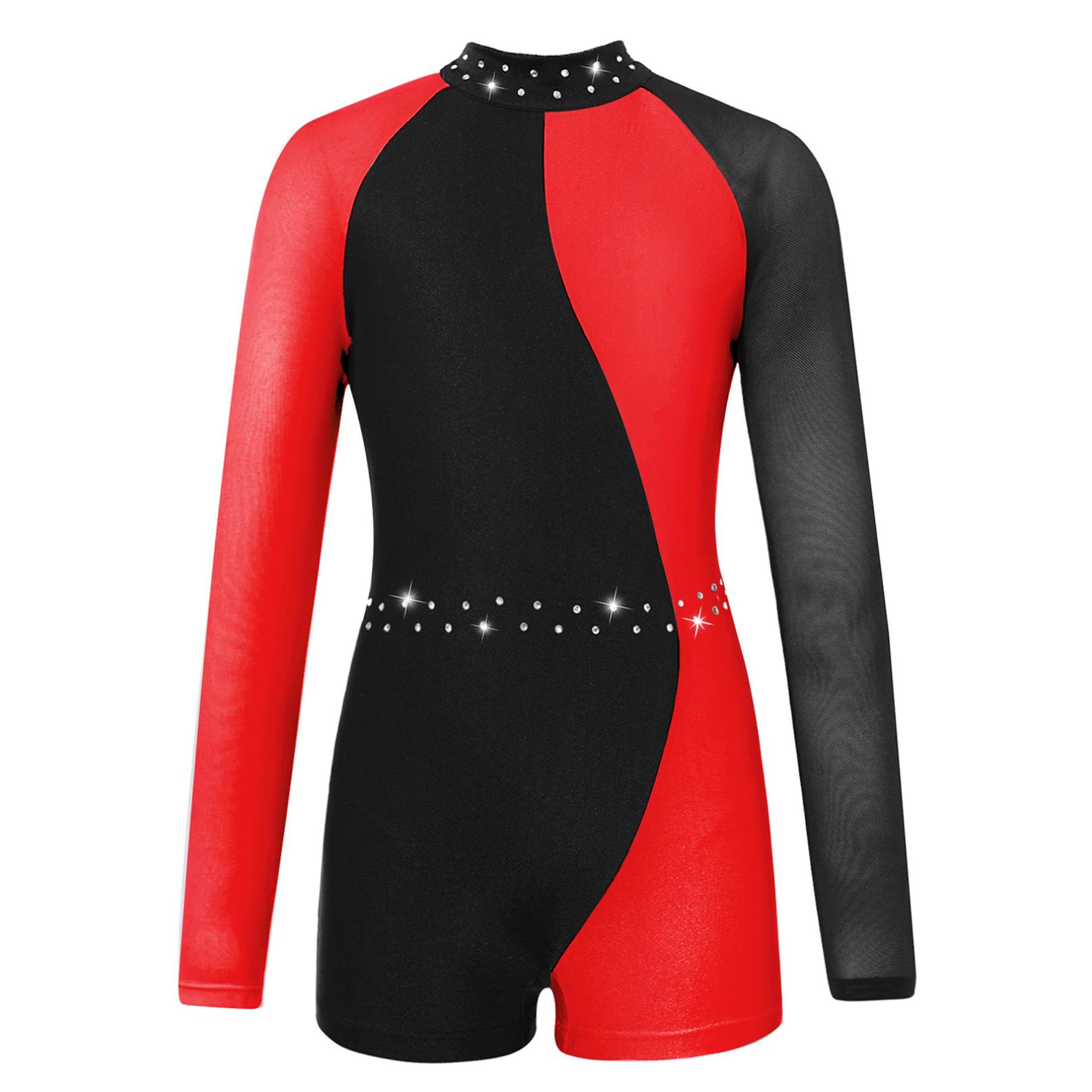 Inhzoy Maillots voor meisjes gymnastiek kinderen lange mouw rits terug Biketard Unitard jumpsuit met shorts 11-12 Years rood