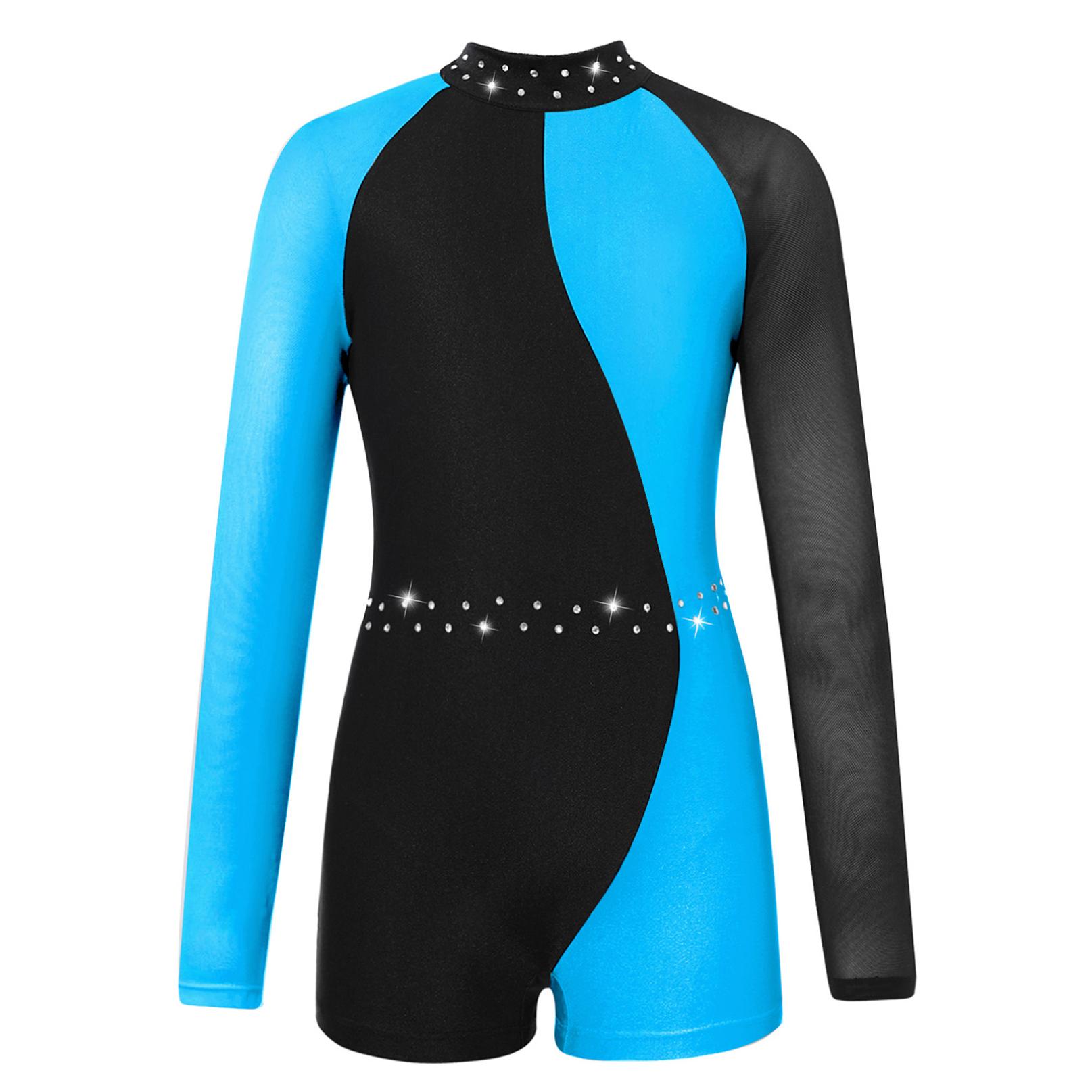 Inhzoy Maillots voor meisjes gymnastiek kinderen lange mouw rits terug Biketard Unitard jumpsuit met shorts 7-8 Years blauw