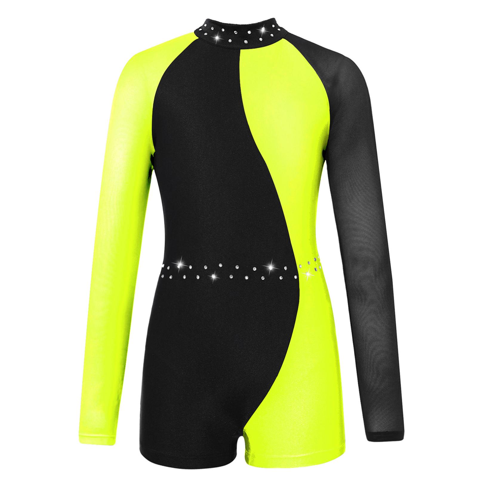Inhzoy Maillots voor meisjes gymnastiek kinderen lange mouw rits terug Biketard Unitard jumpsuit met shorts 11-12 Years geel