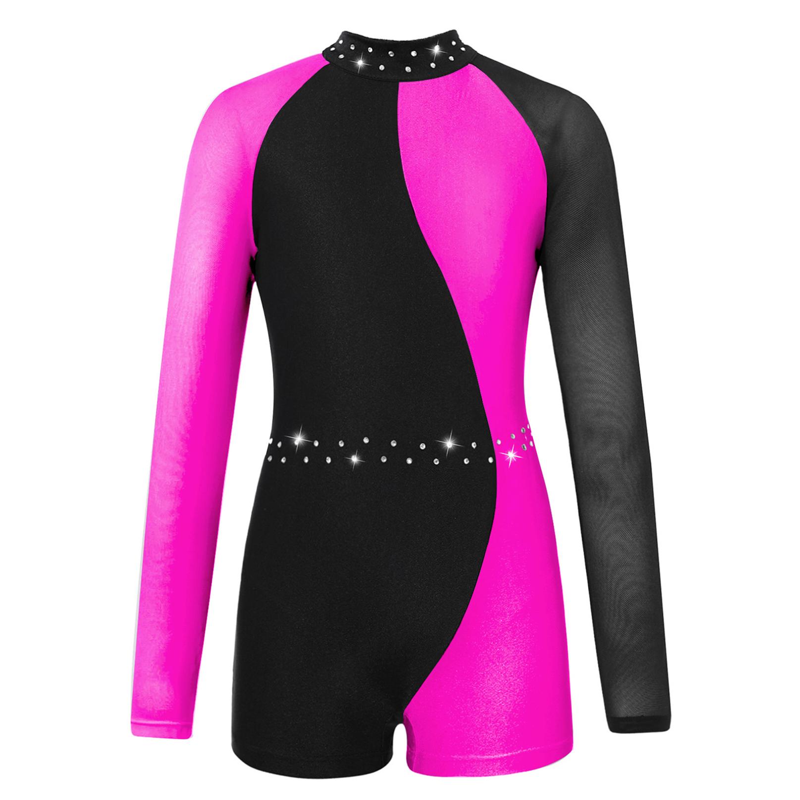 Inhzoy Maillots voor meisjes gymnastiek kinderen lange mouw rits terug Biketard Unitard jumpsuit met shorts 13-14 Years helder roze