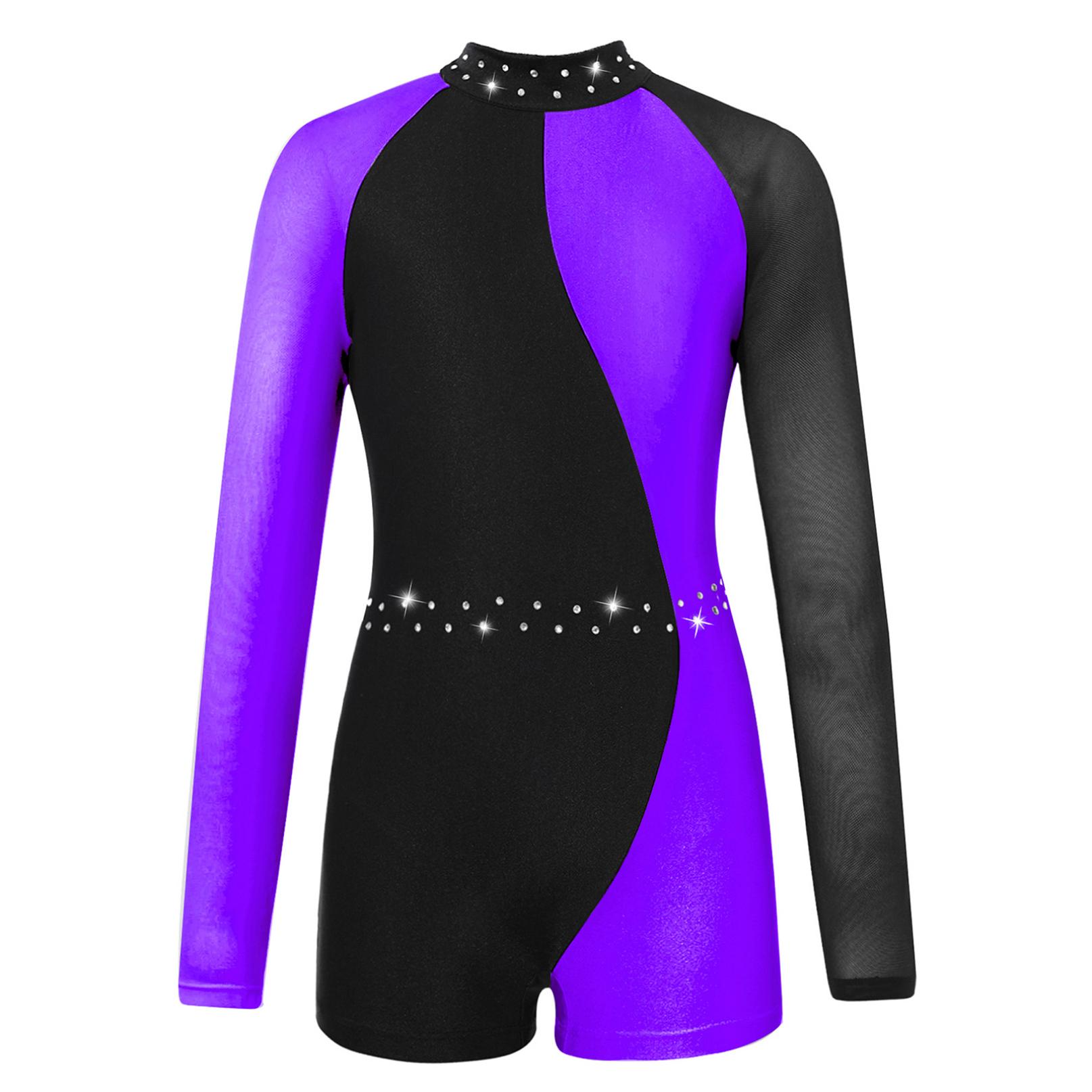 Inhzoy Maillots voor meisjes gymnastiek kinderen lange mouw rits terug Biketard Unitard jumpsuit met shorts 7-8 Years paars