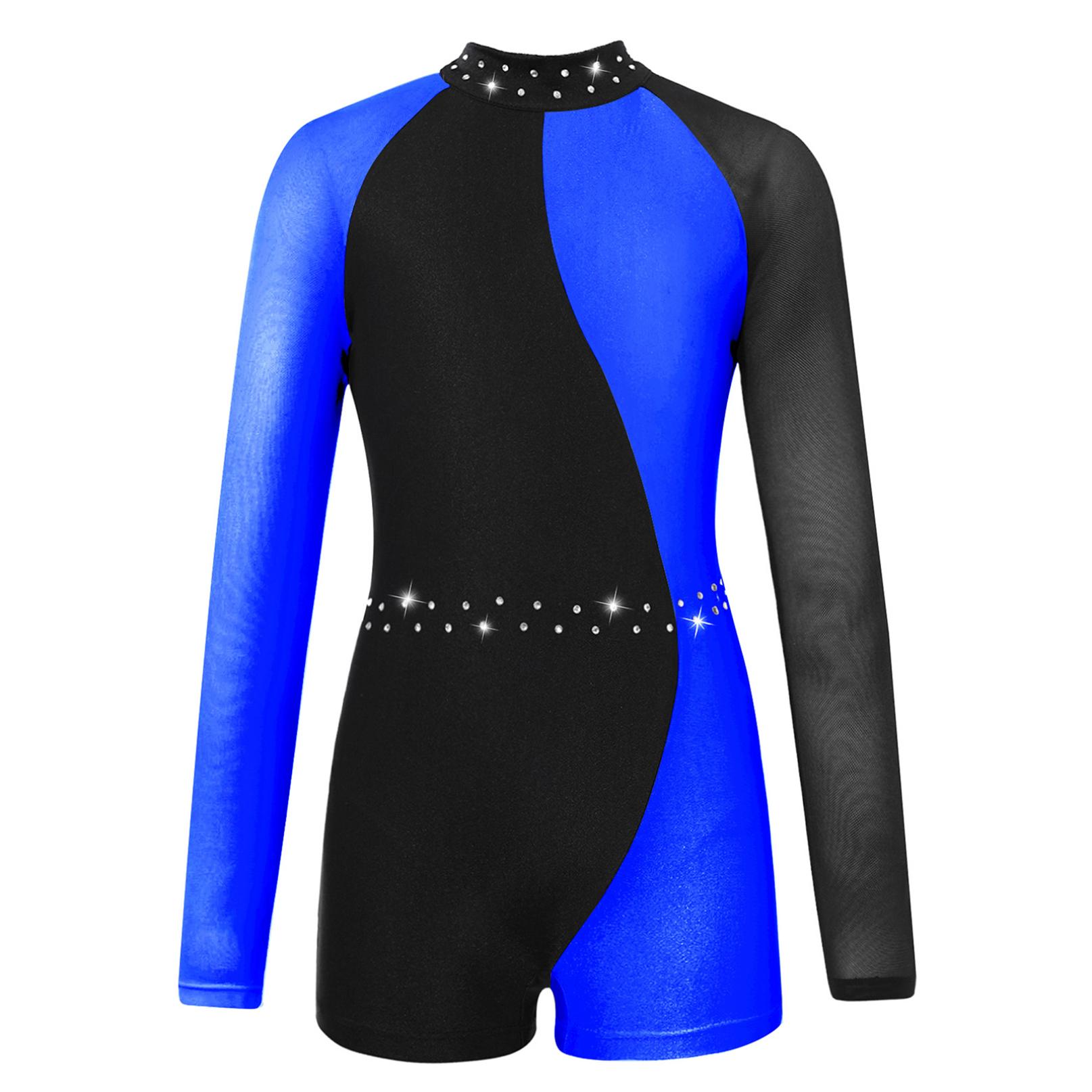 Inhzoy Maillots voor meisjes gymnastiek kinderen lange mouw rits terug Biketard Unitard jumpsuit met shorts 11-12 Years koningsblauwe kleur