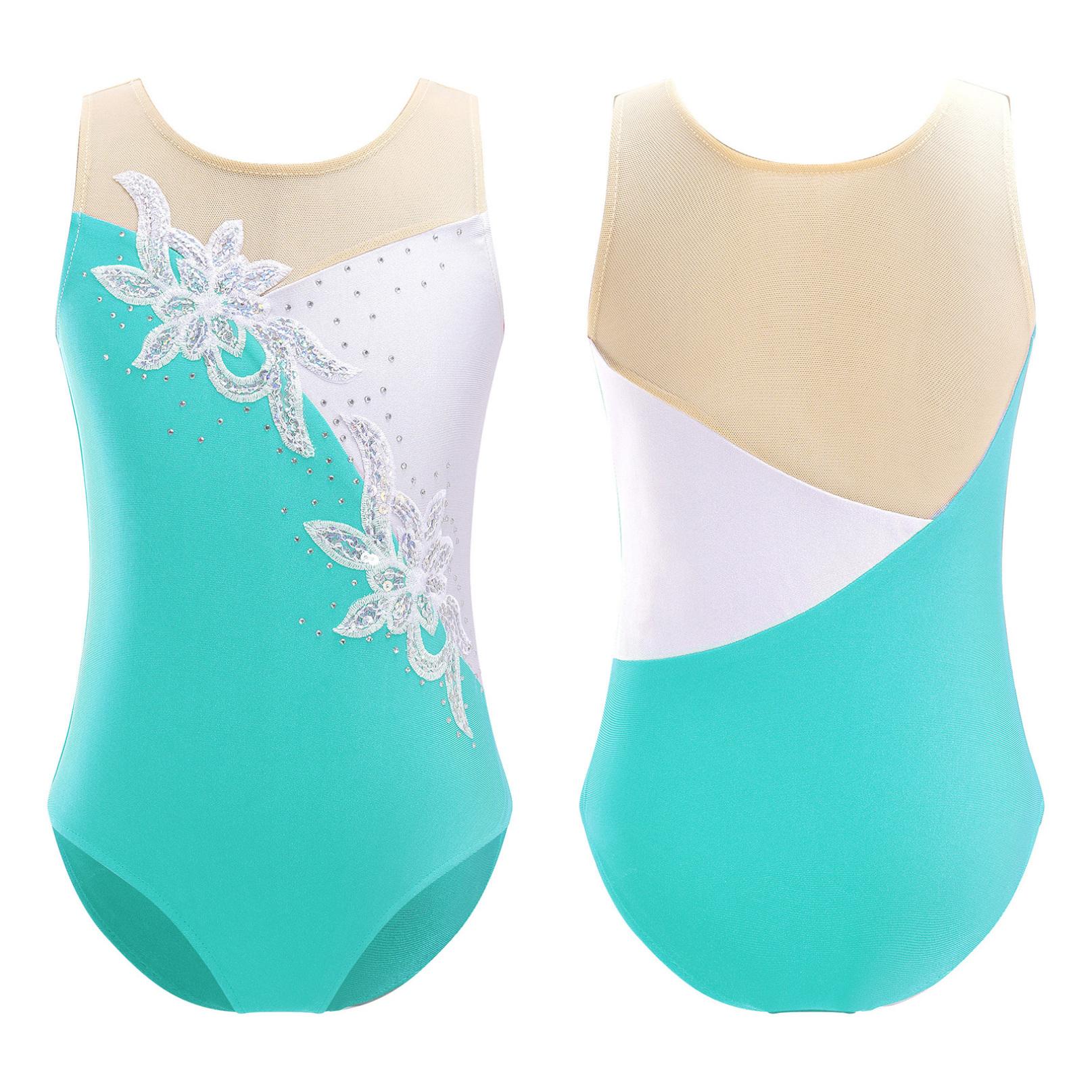 Inhzoy Kinderen Meisjes Mouwloos Glinsterende Pailletten Bloemen Turnpakje Ballet Dans Gymnastiek Schaatsen Jumpsuit 7-8 Years meer blauwe kleur