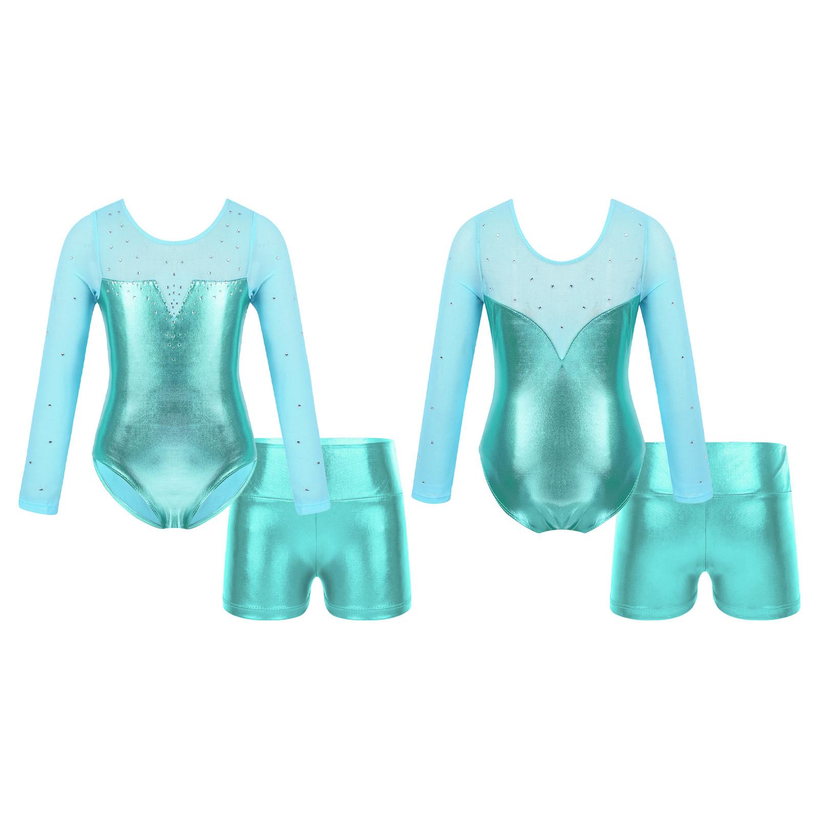 Aislor Kinderen meisjes lange mouw ronde hals sprankelende strass decor turnpakje met shorts voor dansgymnastiektraining 7-8 Years zout water