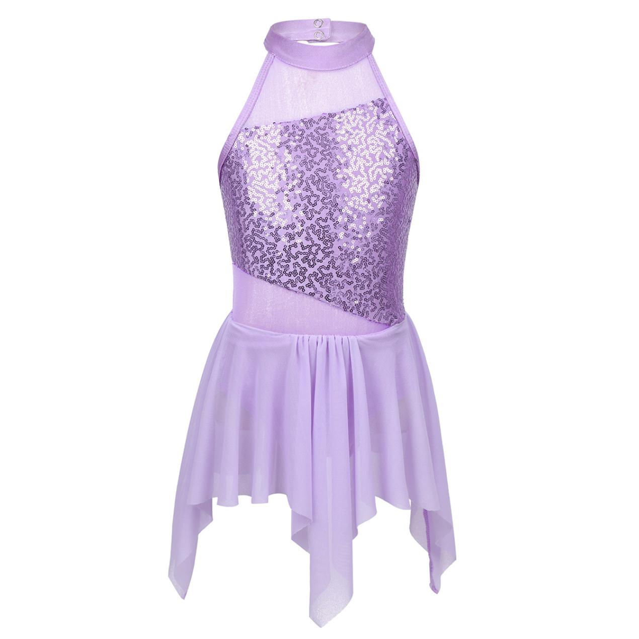 IEFiEL Meisjes Ballet Dans Jurk Pailletten Uitsparing Terug Turnpakje Lyrische Danskostuums Hedendaagse Gymnastiek Turnpakje 7-8 Years lavendel