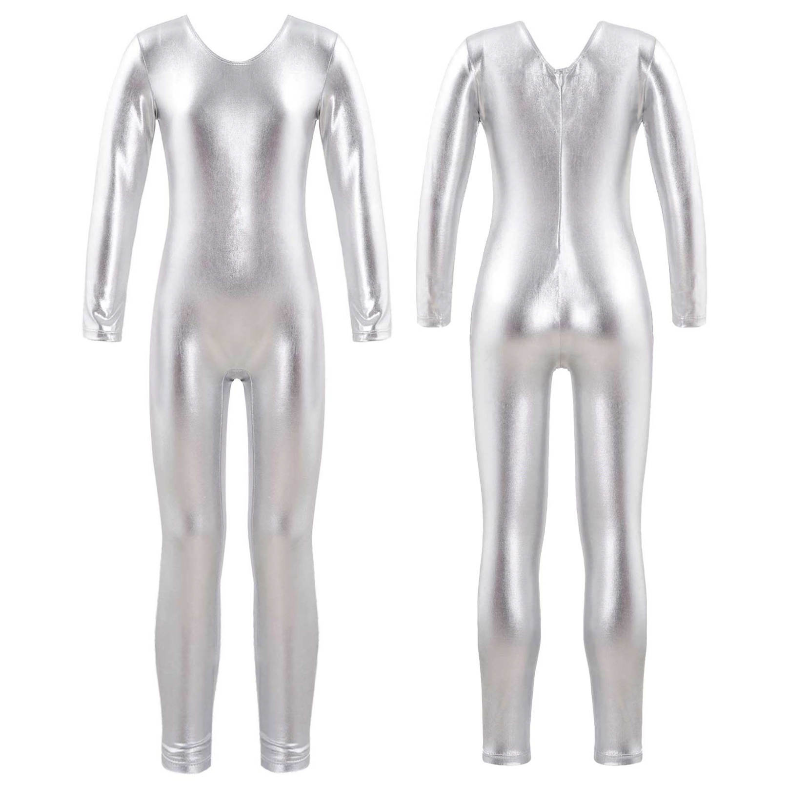 WinYing Kinderen Meisjes Basic Lange Mouw Unitard Turnpakje Jumpsuit Een Stuk Gymnastiek Sport Ballet Dans Slijtage Outfit 7-8 Years zilver