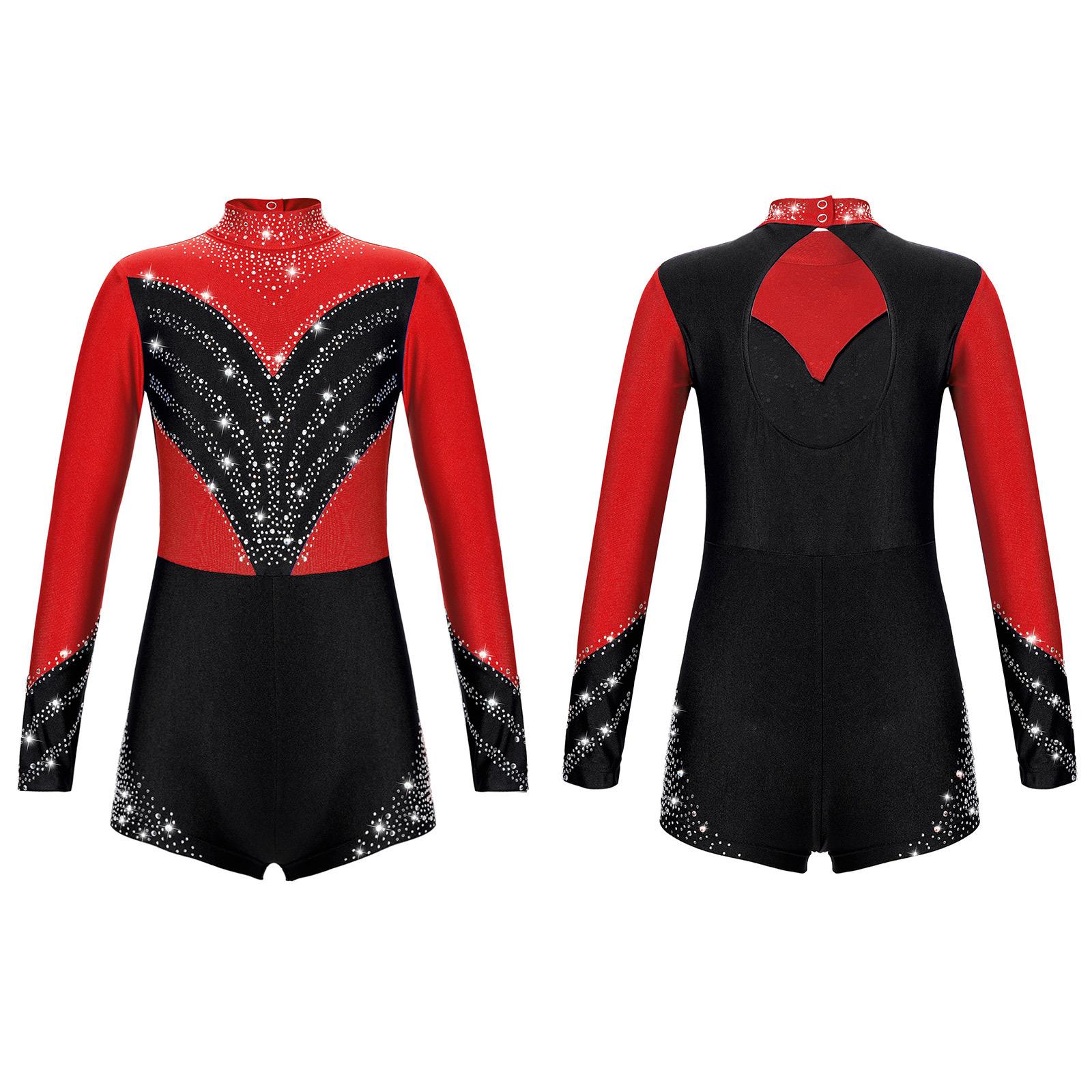 RUNQHUI Korte jumpsuit voor kinderen Turnpakje met lange mouwen voor meisjes Training Gymnastiek Danskleding Danskleding 5-6 Years rood