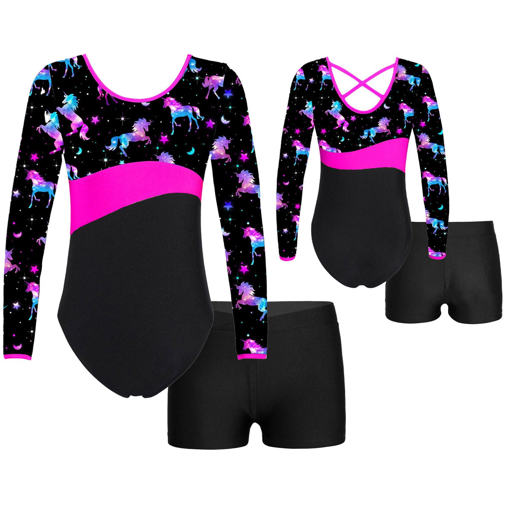 IEFiEL Kinderen Meisjes Lange Mouw Bedrukt Patchwork Turnpakje met V-front Tailleband Shorts voor Dans Sport Gymnastiek Workout 11-12 Years