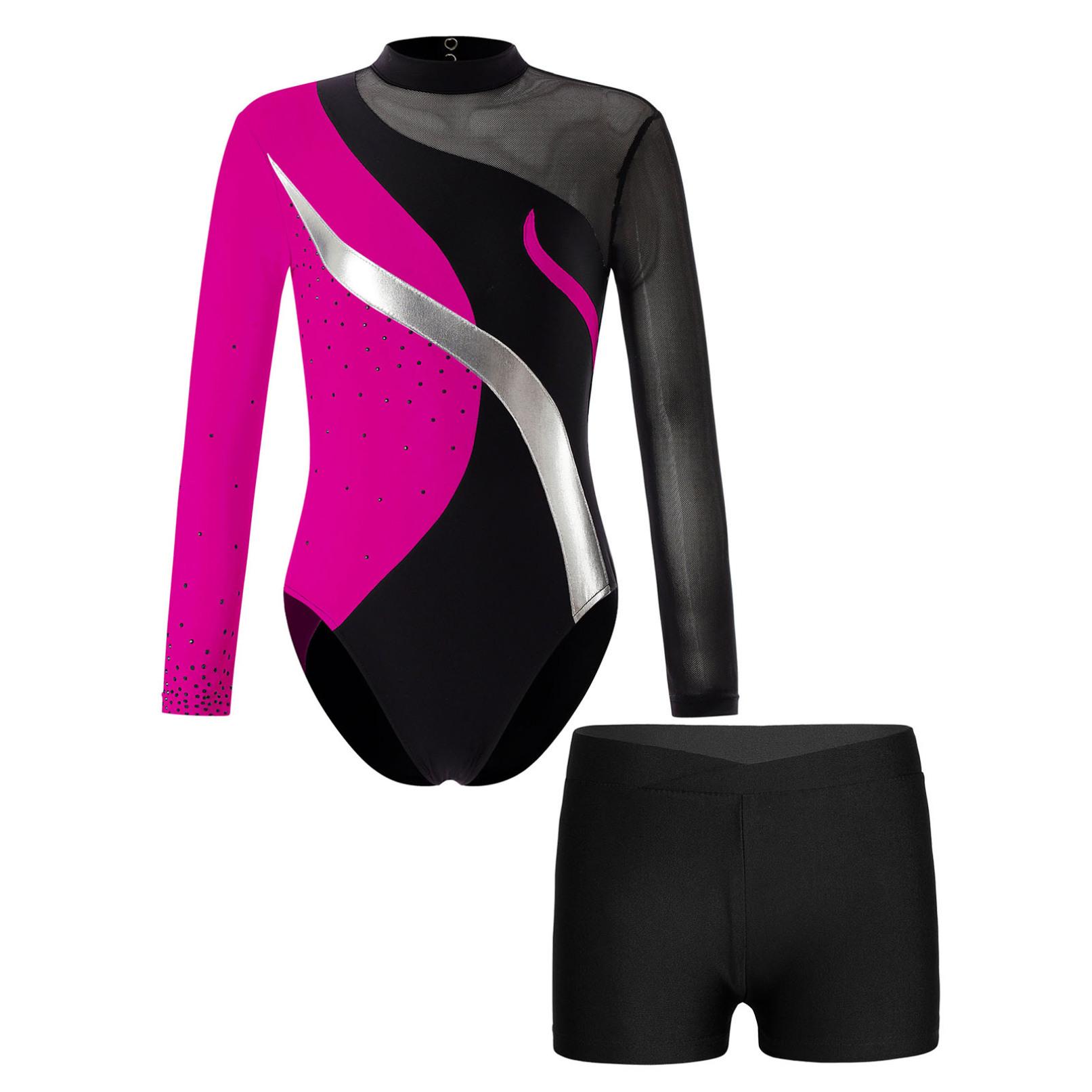 Tiaobug Kinderen meisjes gymnastiekkostuum strass turnpakje met lange mouwen en korte kunstschaatsset 11-12 Years warm roze kleur/zwart
