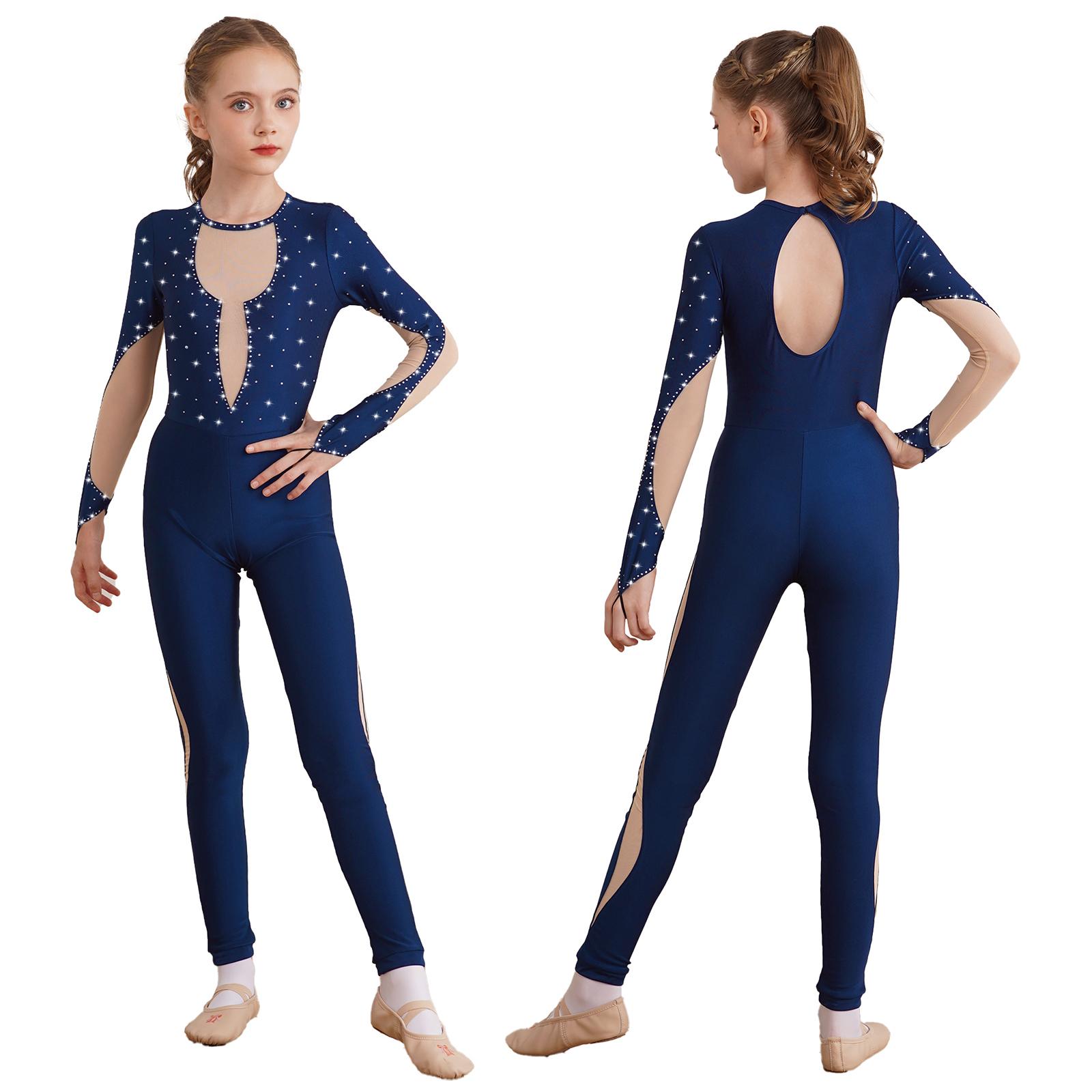 Fldy Eendelige kleding Lange mouwen Mesh Patchwork Leotards Jumpsuit Kinderen Meisjes Schaatsen Sportkleding 11-12 Years marineblauwe kleur