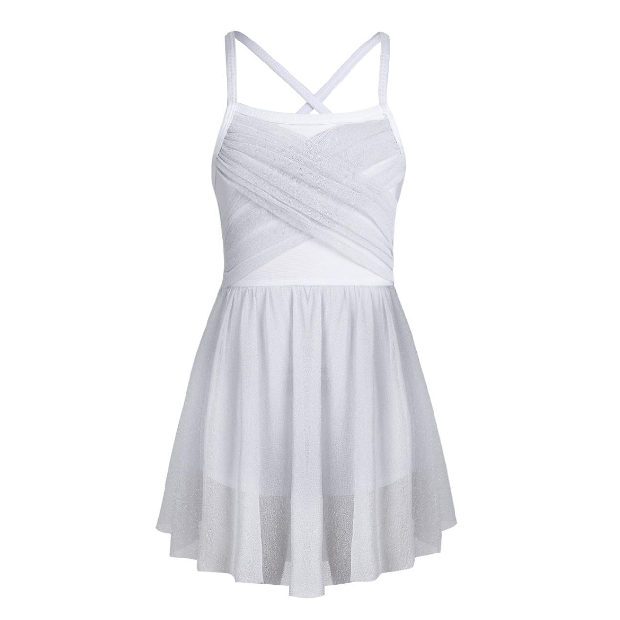 IEFiEL Meisjes Spaghetti Chiffon Ballet Dans Jurk Mouwloos Giltter Mesh Gymnastiek Turnpakje Overlay Lyrische Ballerina Kostuum 11-12 Years wit