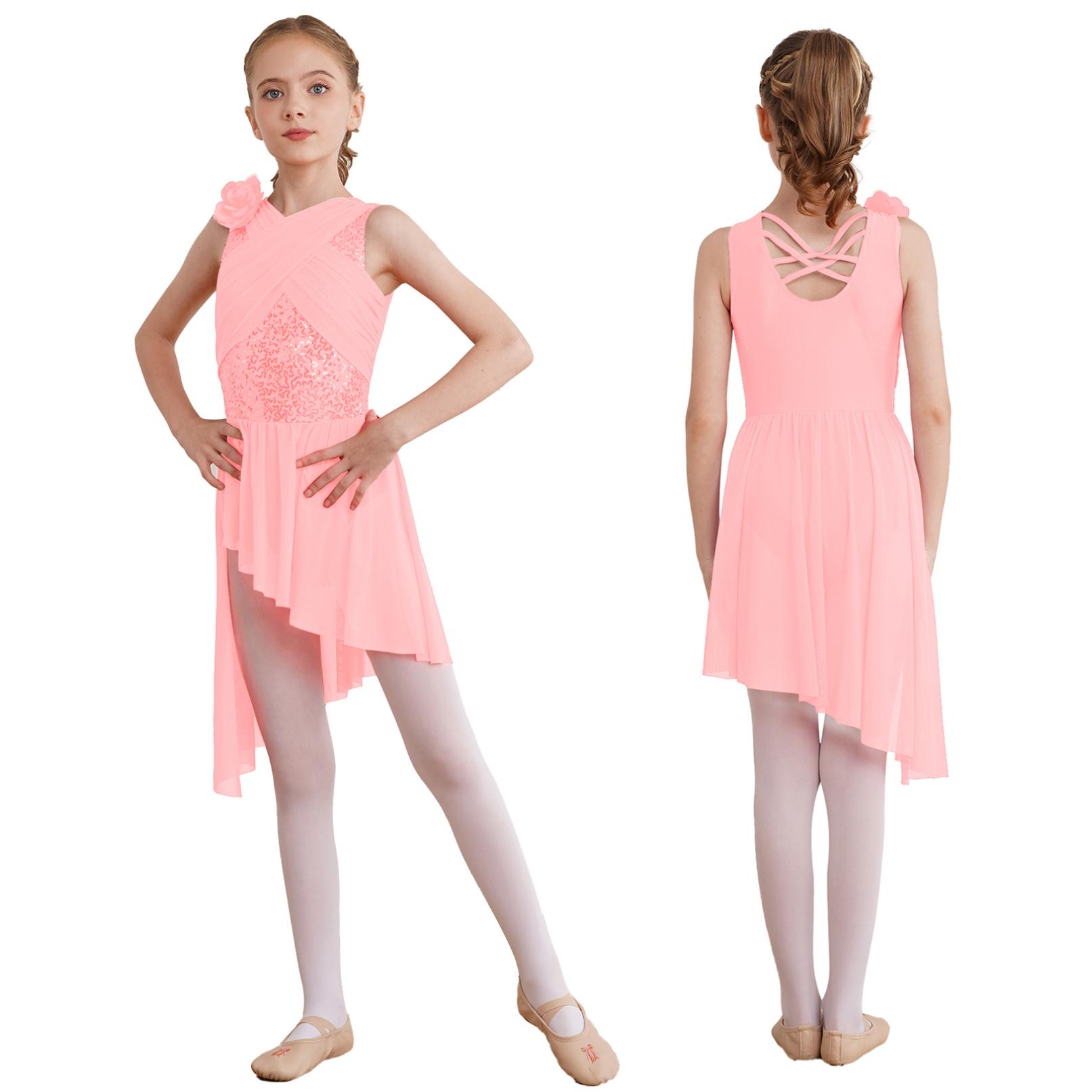 Manyakai Kinderen Meisjes Lyrische Dansjurk Ballet Gymnastiek Leotards Kunstschaatskostuum Glanzende Pailletten Latijnse Jazz Danskleding 13-14 Years roze